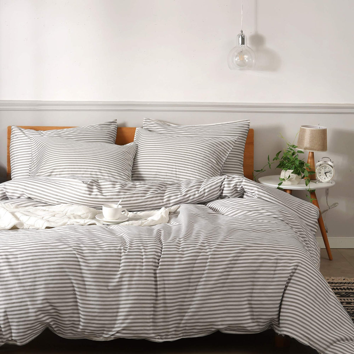 Jellymoni 100% Natural Cotton 3Pcs Striped Duvet Cover Sets, White Duvet Cover With Thin Black Stripes Pattern Printed Comforter