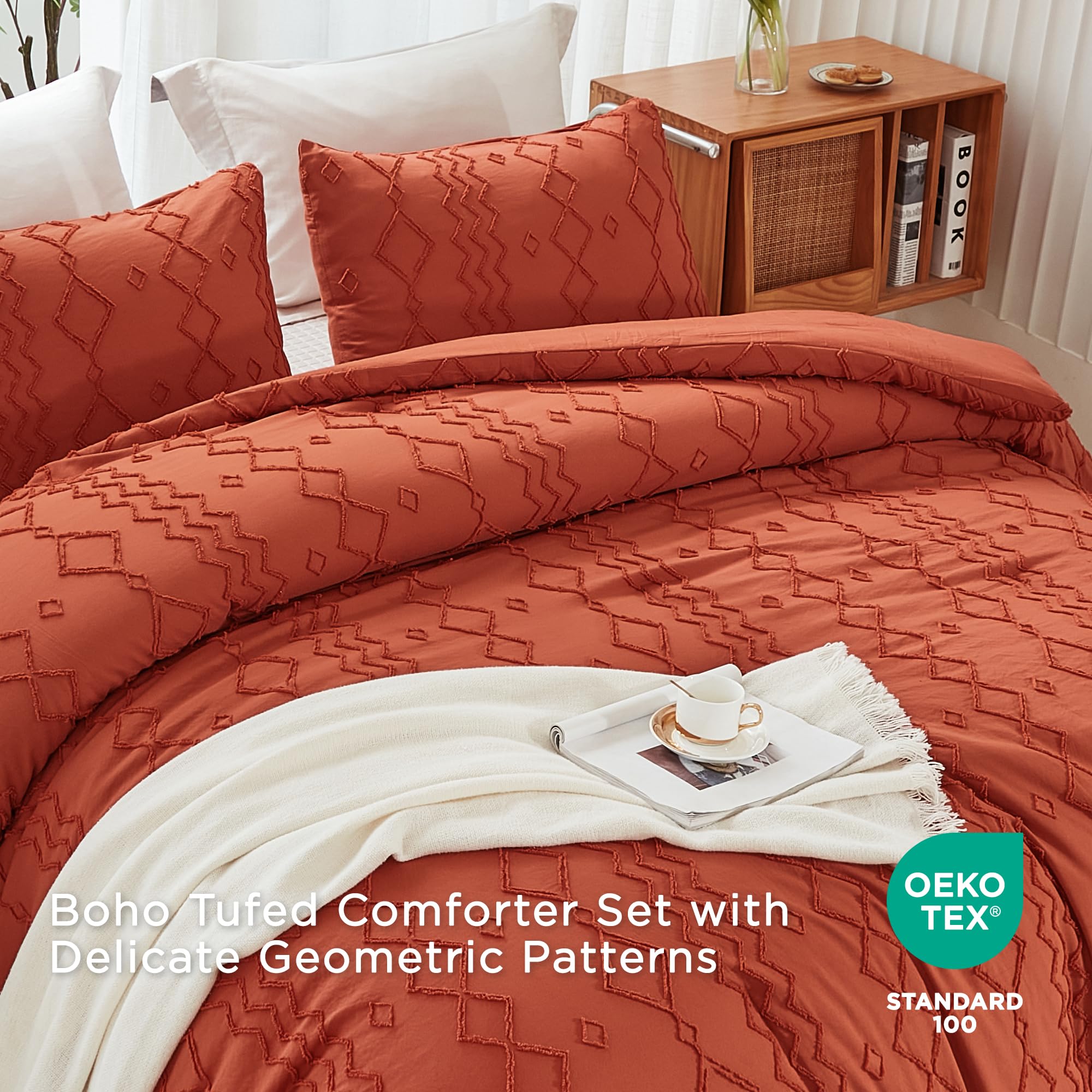 Andency Terracotta Tufted Comforter Set King(104X90Inch), 3 Pieces(1 Boho Comforter, 2 Pillowcases) Textured Farmhouse Comforter, Soft Microfiber Down Alternative Geometric Comforter Bedding Set