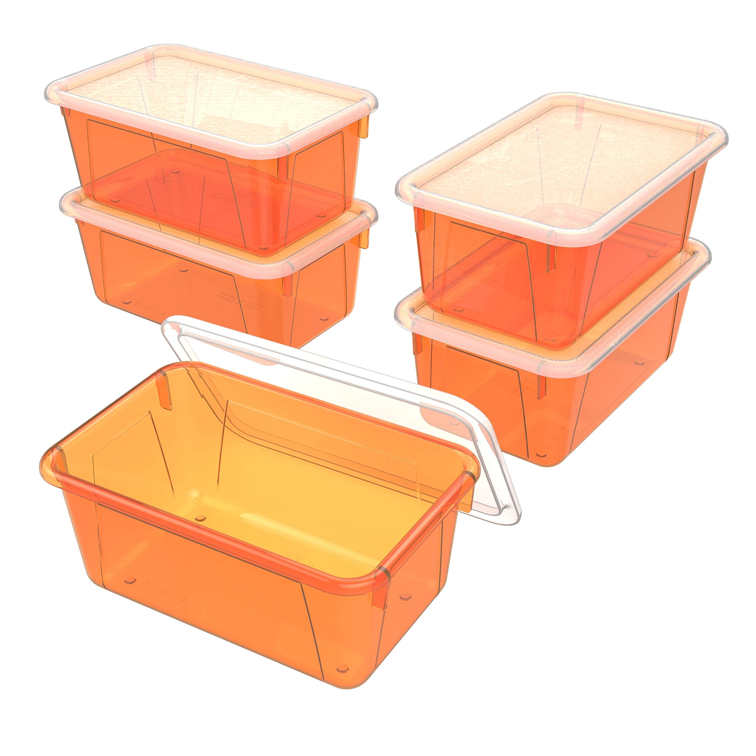 Storex Small Cubby Bins - Plastic Storage Containers For Classroom With Non-Snap Lid, 12.2 X 7.8 X 5.1 Inches, Tint Orange, 5-Pa