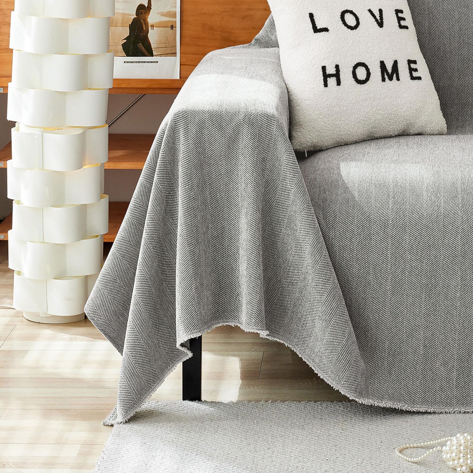 Handontime Couch Slipcovers For Sofas Dark Grey Couch Cover Sofa Cover For Dogs Boho Pet Couch Protector With Tassel Couch Throw Cover Chenille Herringbone Couch Cover Sofa 2 3 Seat Cover, 91' X118'