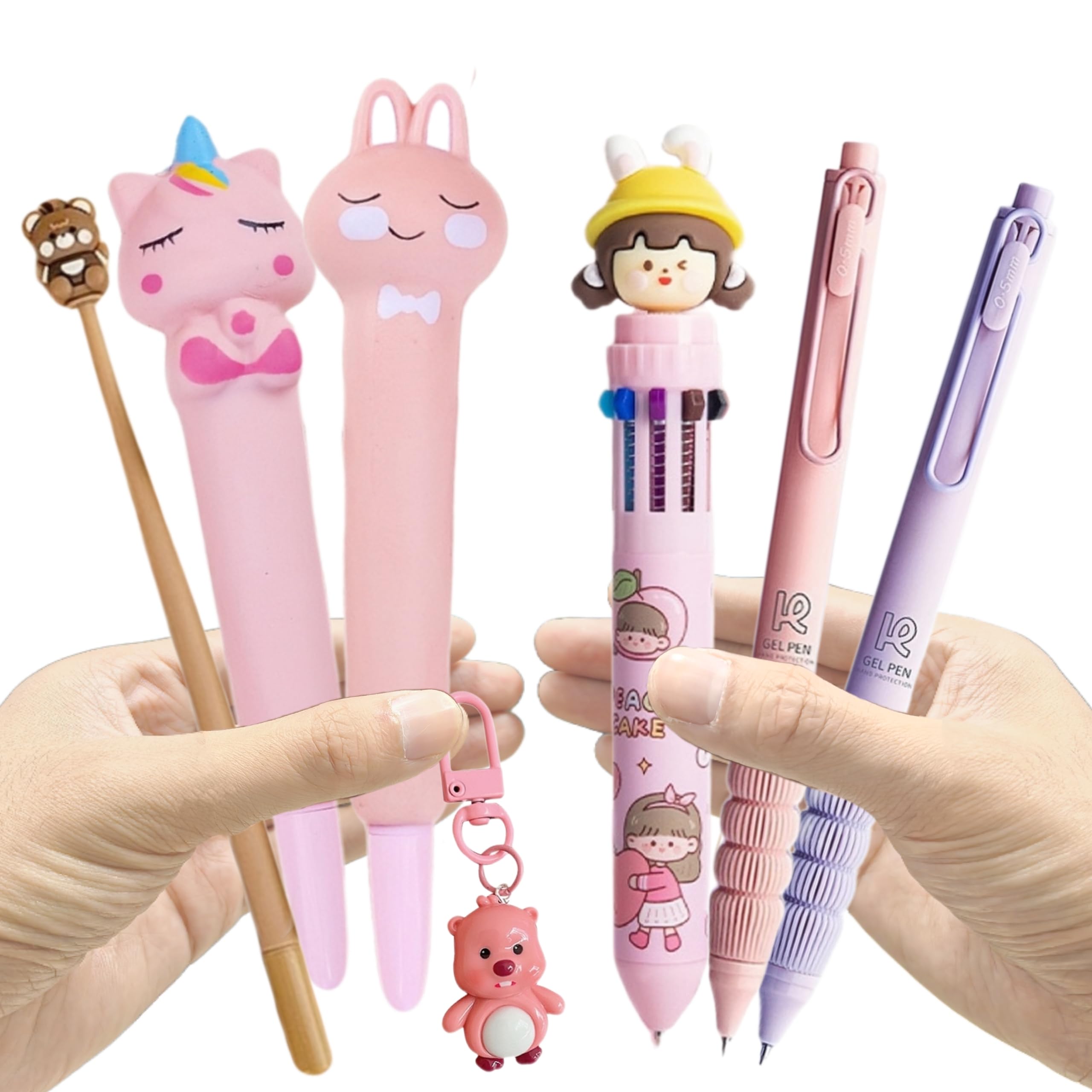 Kunheho 6Pcs Kawaii Pens With 1 Cute Keychain Great Gift For Girls Stress Relief Pen Cartoon Ballpoint Pen For Office Back To Sc