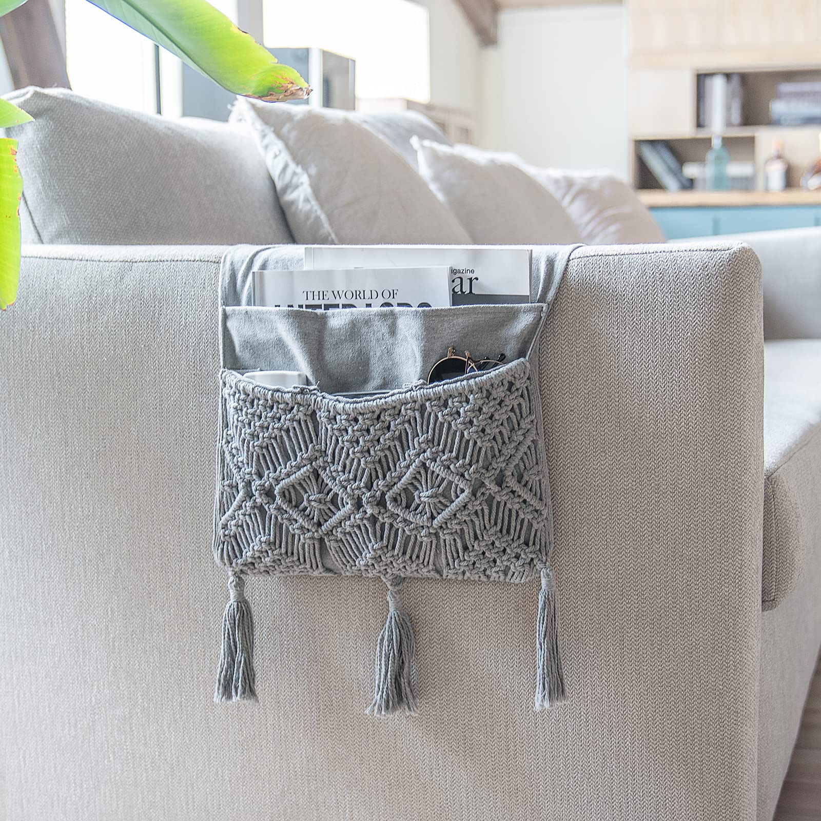 Mkono Macrame Sofa Armrest Organizer Remote Control Holder Magazine Storage Basket Bed Couch Chair Arm Bedside Caddy For Tv Remo