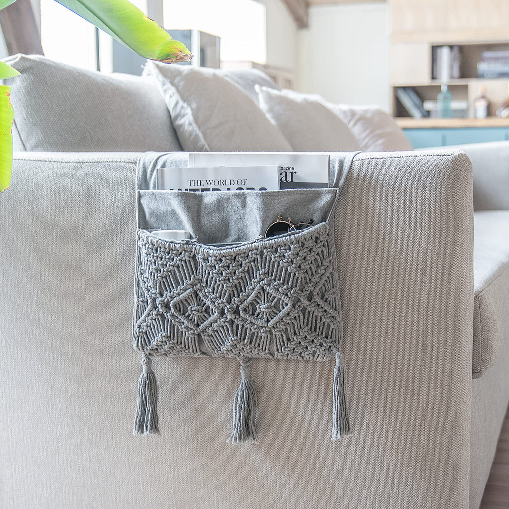Mkono Macrame Sofa Armrest Organizer Remote Control Holder Magazine Storage Basket Bed Couch Chair Arm Bedside Caddy For Tv Remo