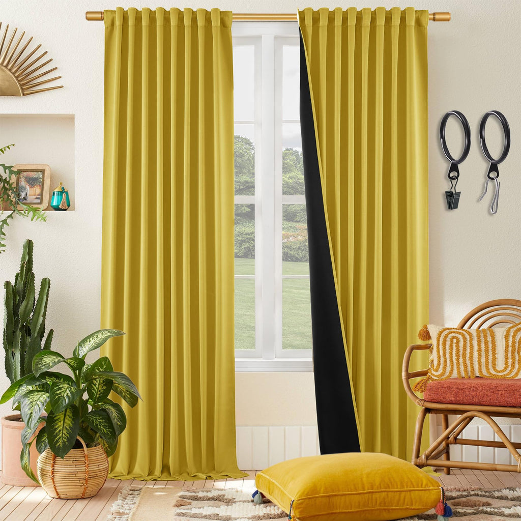 Mustard Yellow Boho Blackout Curtains For Living Room 84 Inches Long,Fall Decor Back Tab Black Out Thermal Insulated Light Block