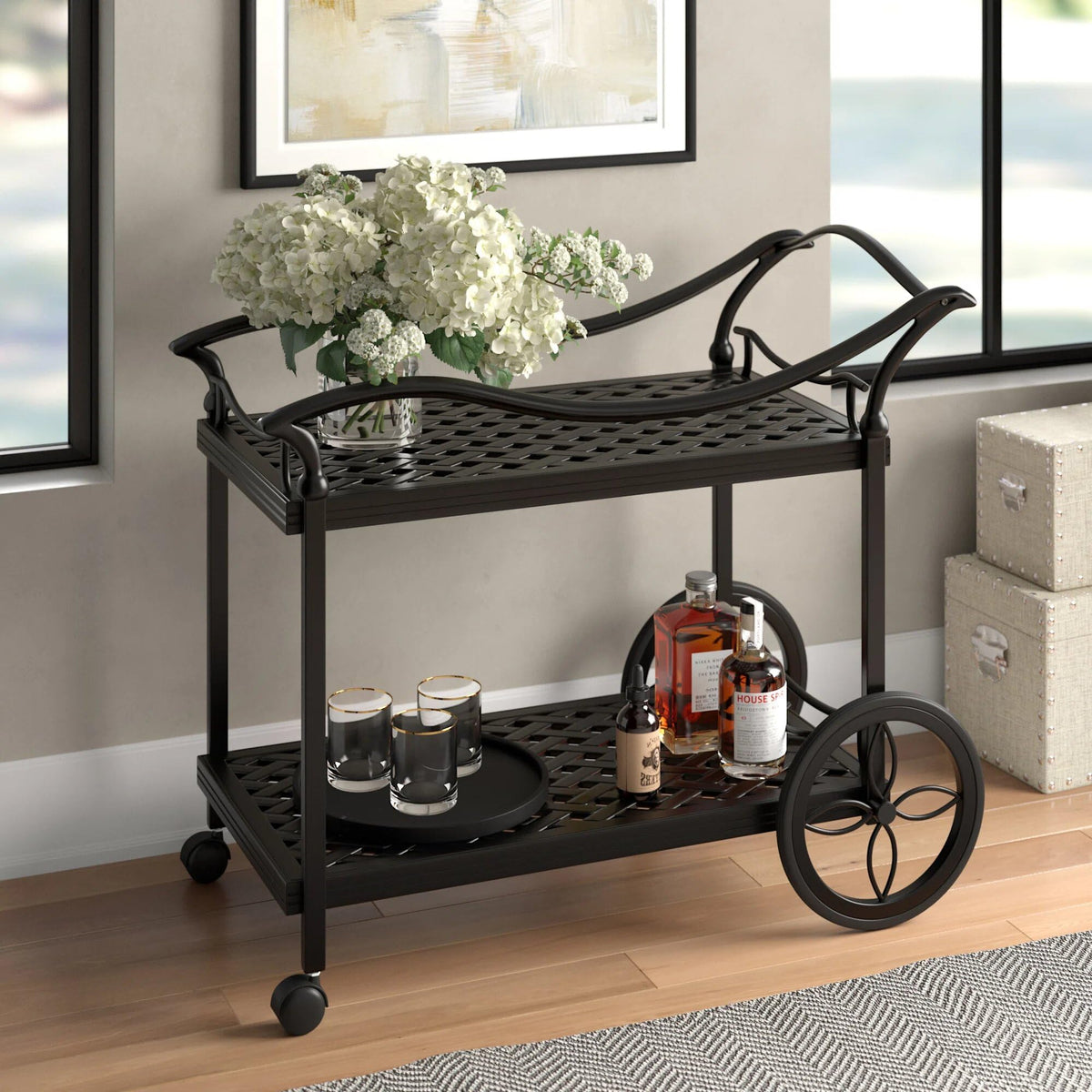 Ipatio Manhattan All-Weather Cast Aluminum Outdoor Indoor Patio Serving Tea Cart With Wheels | Bar Cart For Garden, Backyard, Poolside, Beaches, Cafes, Restaurants (Dark Lava Bronze)