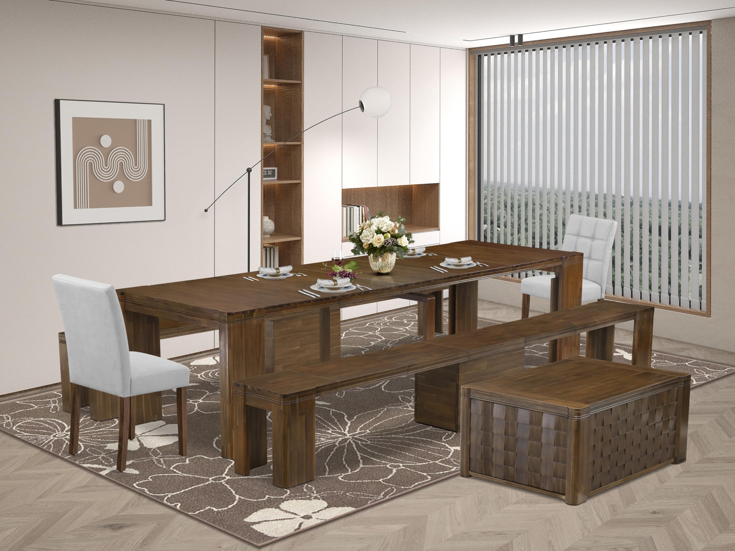 Luxe by East West Furniture - X02AS-2C8-08 - 6 Pieces Dining Room Set contains an Extendable Rectangle Kitchen Table, 1 Coffee Table, 2 Dining Chairs and 2 Modern Benches, 39x120 Inch, Antique Walnut