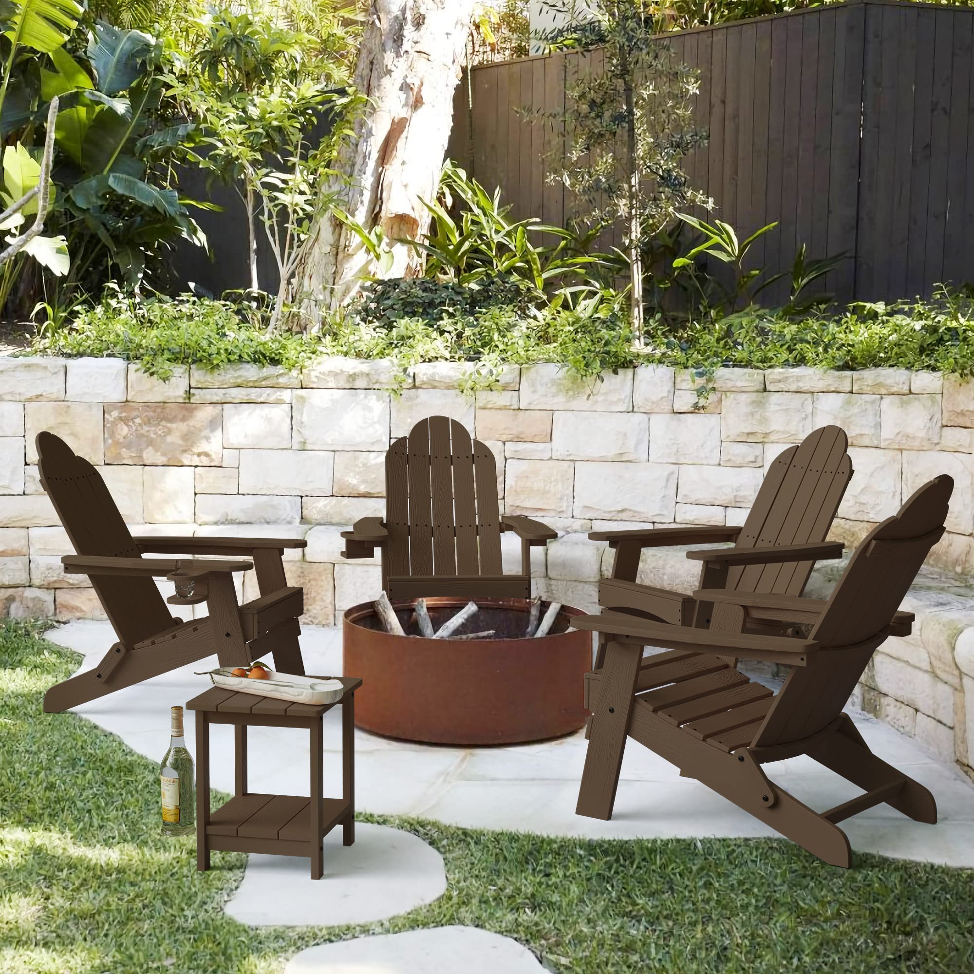 Lue Bona Folding Adirondack Chair Set Of 4, Dark Brown Hdps Fire Pit Patio Chairs Weather Resistant, Modern Plastic Outdoor Chairs With Cup Holder