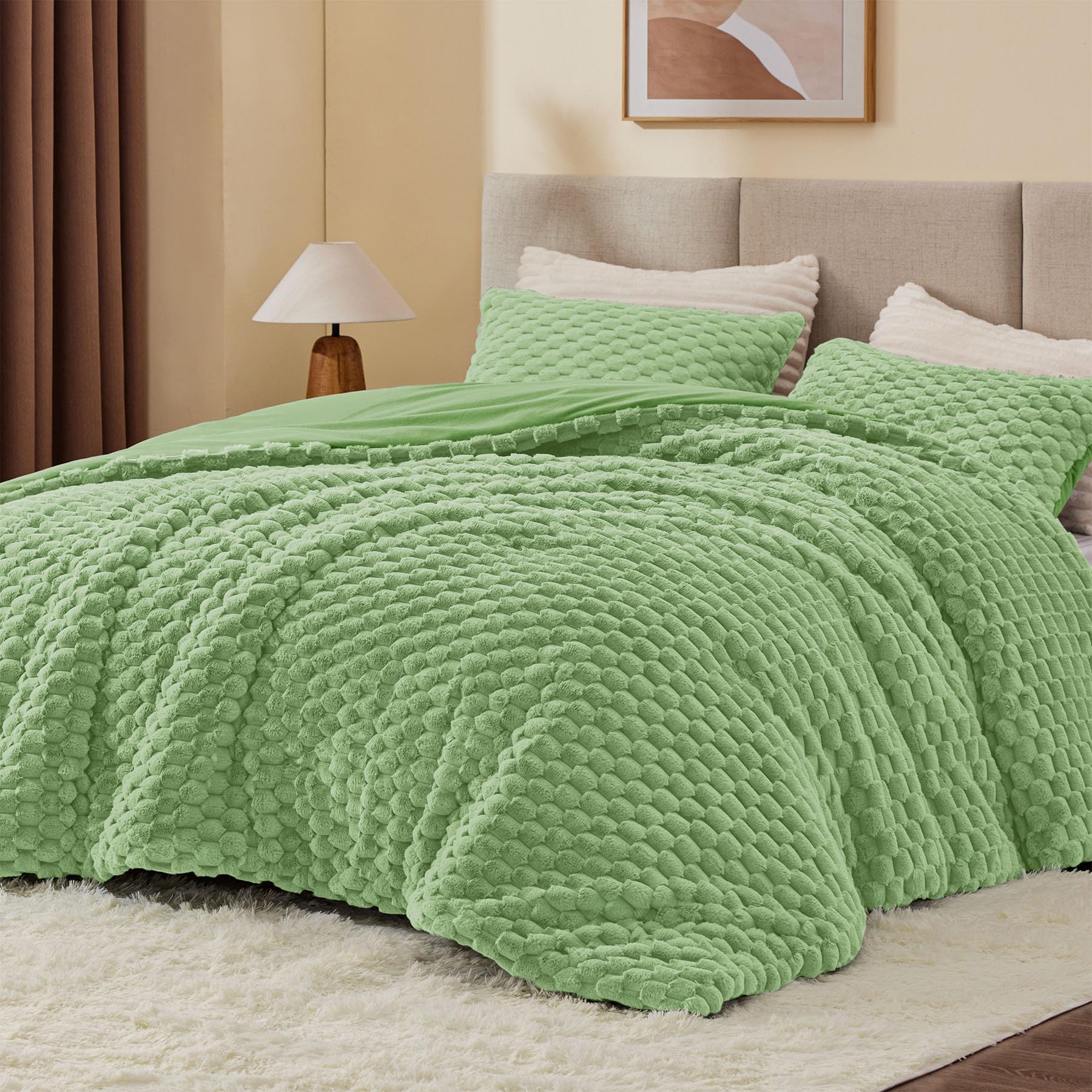 Bedelite Fluffy Queen Comforter Set - Grass Green Fleece Soft Comforter For Queen Size Bed, Luxury Warm Bedding Set For Winter,