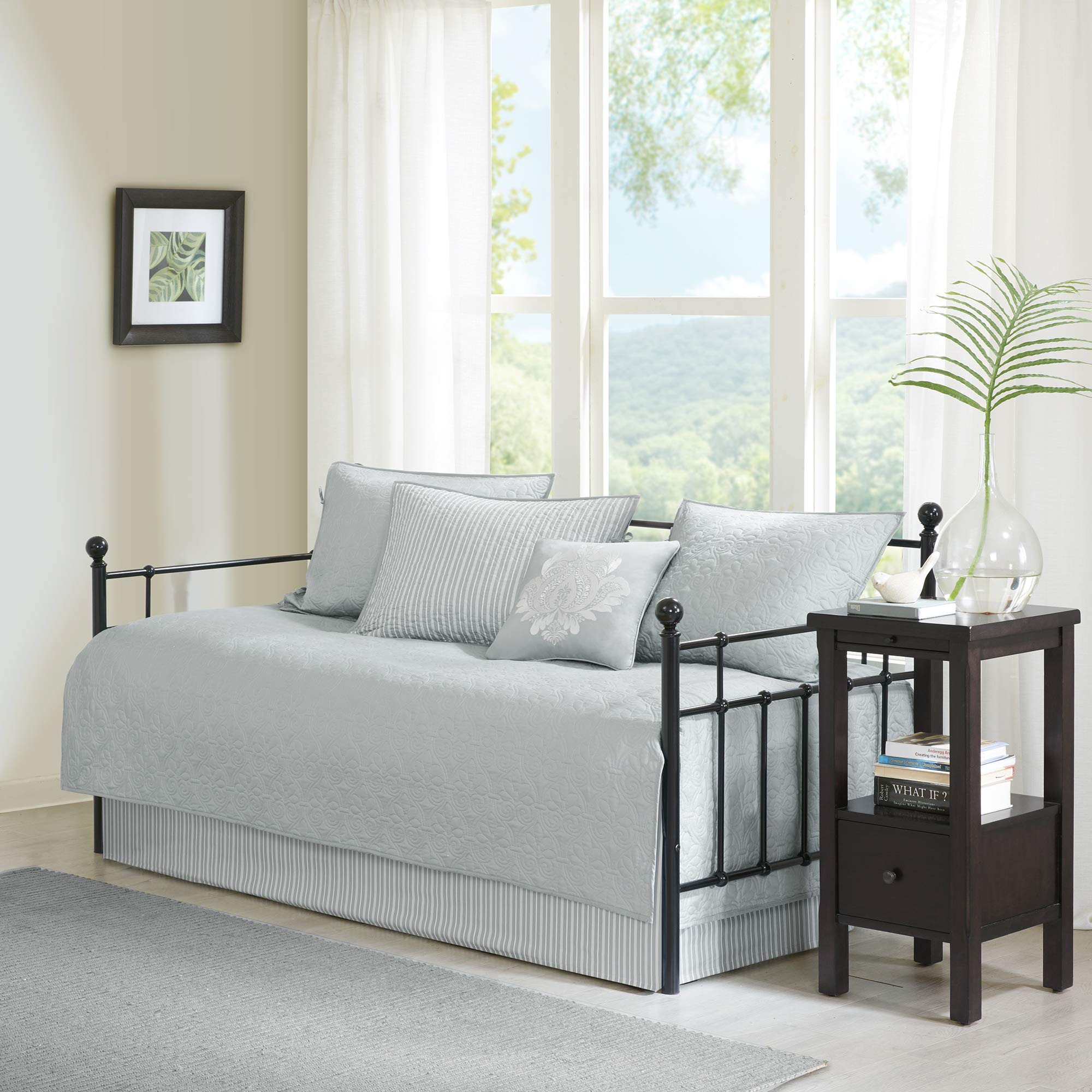 Madison Park Cotton Daybed Cover Set-Double Sided Quilting Classic Cottage Design All Season Bedding With Bedskirt, Matching Shams, Decorative Pillow, 75'X39', Quebec Grey 6 Piece