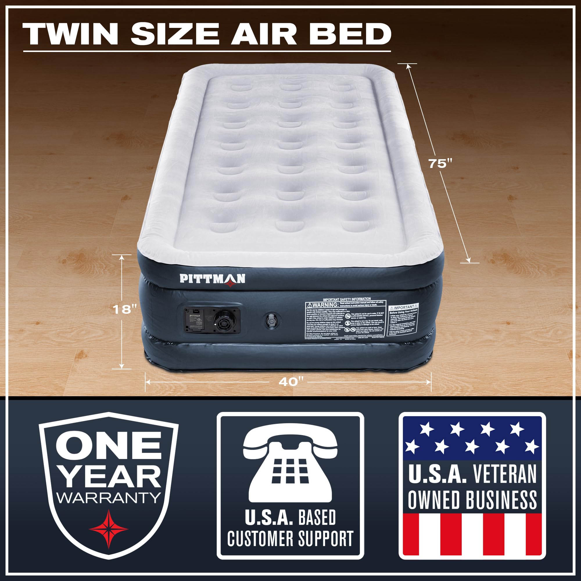 Pittman - Air Mattress Twin With Built In Pump - Black 18'' Double High Twin Air Mattress With Built In Pump That Inflates & Def