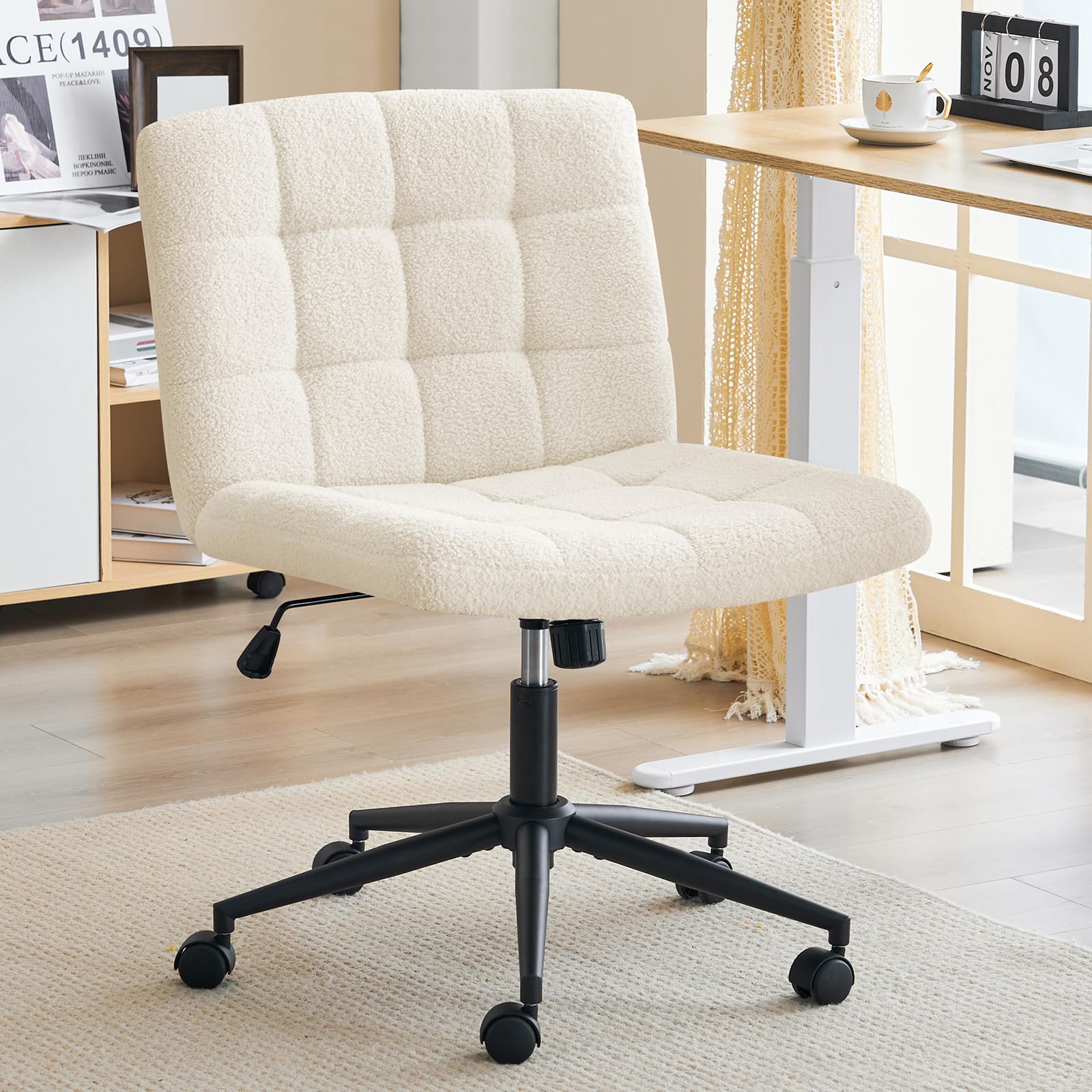 Furnimart Swivel Criss Cross Legged Chair With Wheels For Home Office, Wide Armless Desk Chair Height Adjustable Comfy Seat For Desk,Vanity, Bedroom, Faux Fur White