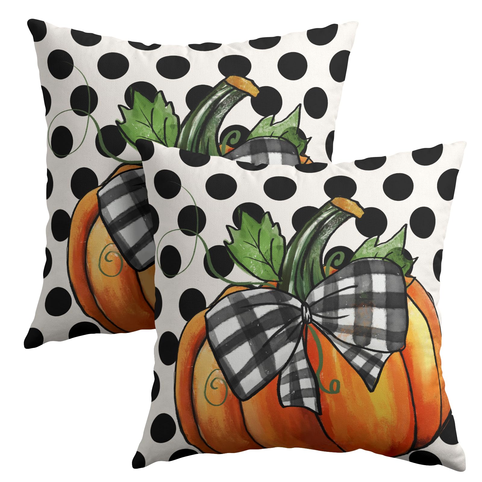 Fall Outdoor Pillows Covers 18X18 Inch Set Of 2 Orange Pumpkin Black Polka Dot Decorative Throw Pillowcase Autumn Thanksgiving S