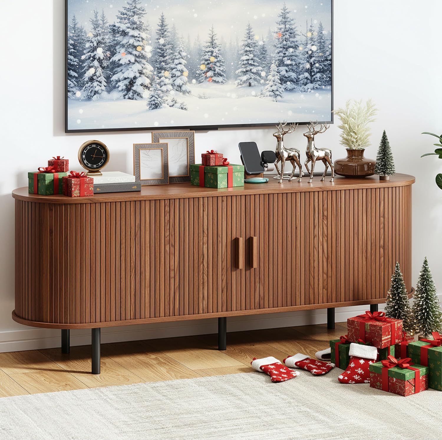 TV Stand with Power Outlet, Mid-Century Modern Television Stand, Media Console with Sliding Doors, Entertainment Center for TVs 