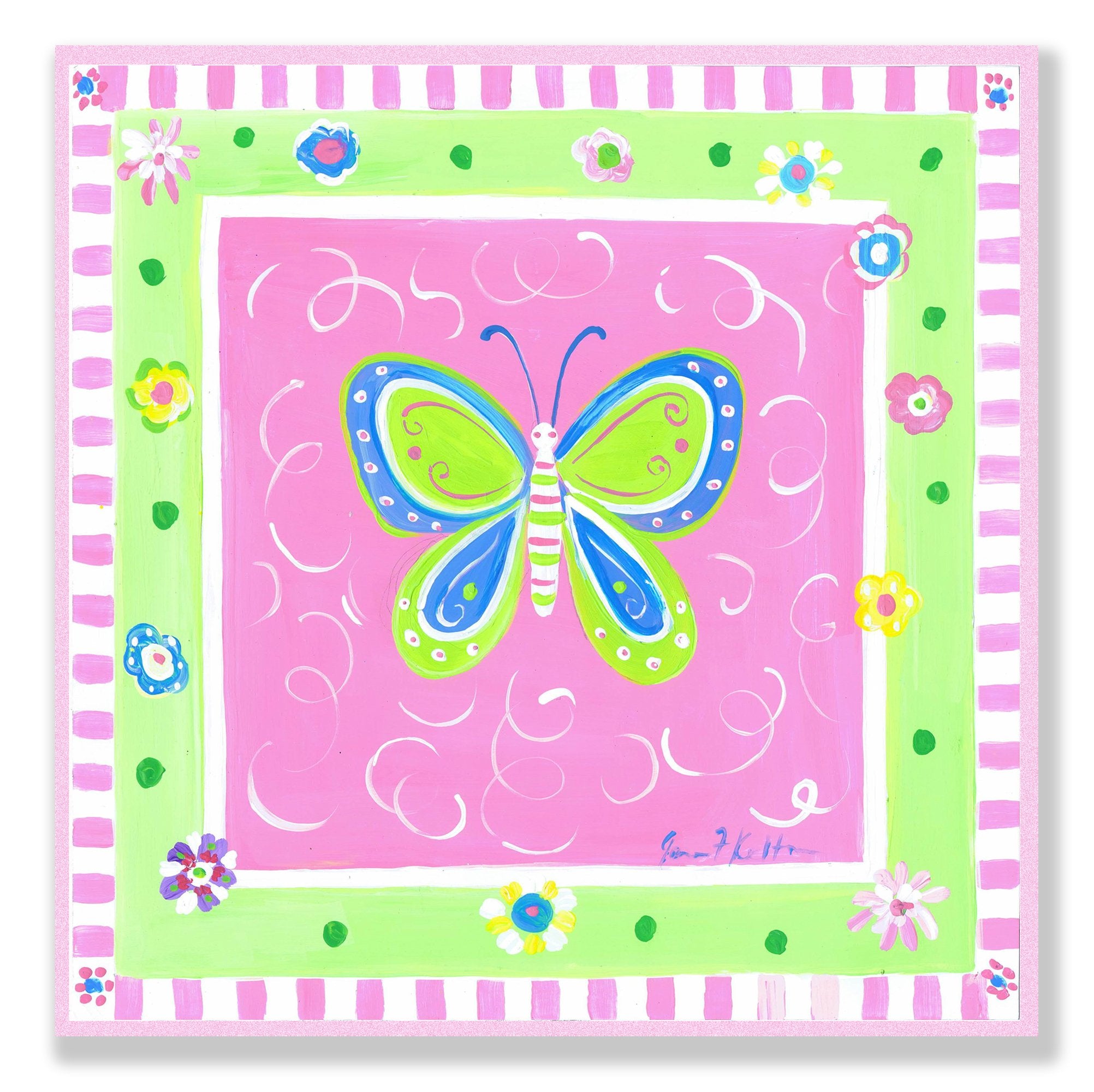 The Kids Room by Stupell Green Butterfly with Pink Border Square Wall Plaque
