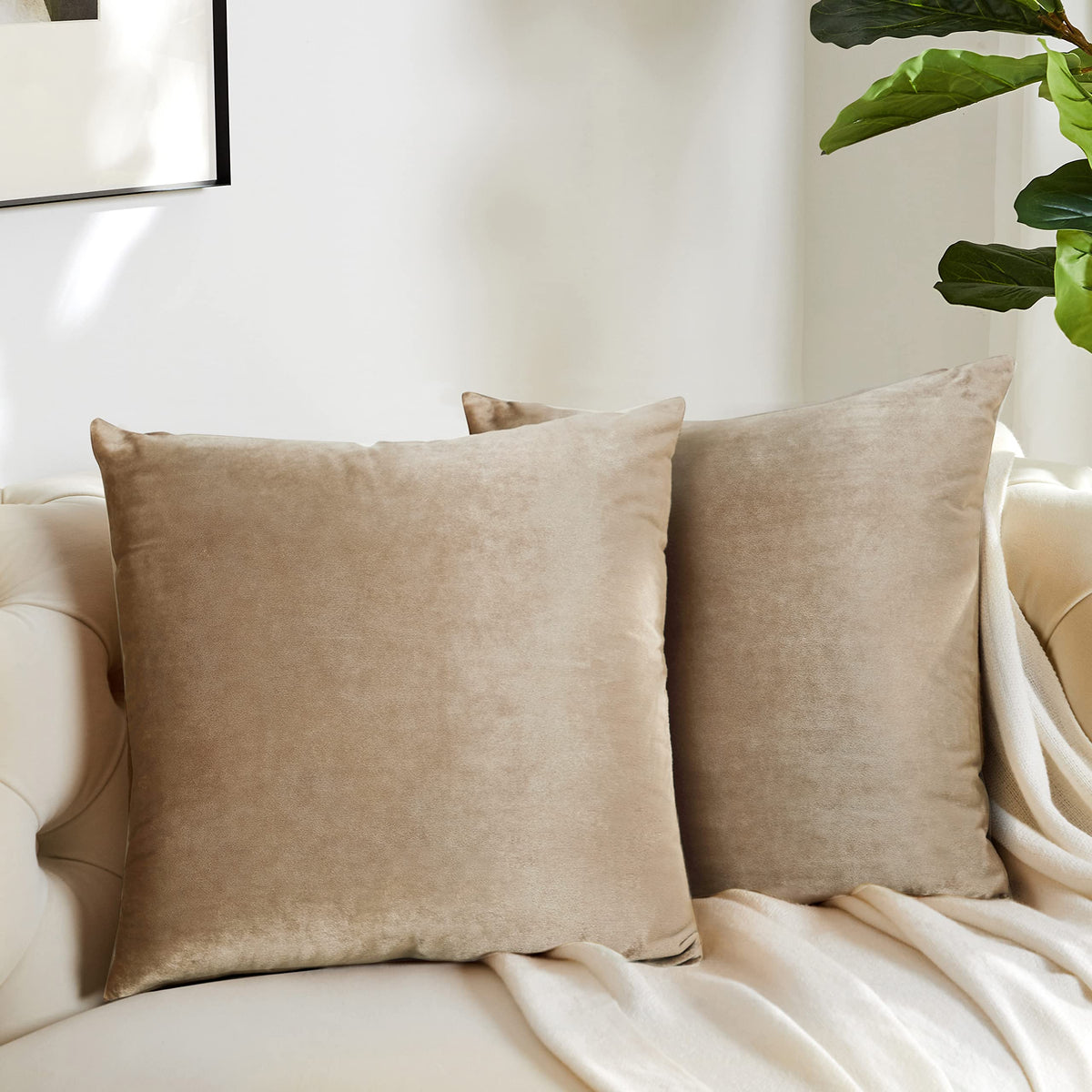 Gigizaza Decorative Throw Pillow Covers 26X26,Set Of 2 Taupe Square Couch Pillow Covers,Velvet Sofa Boho Cushion Pillows