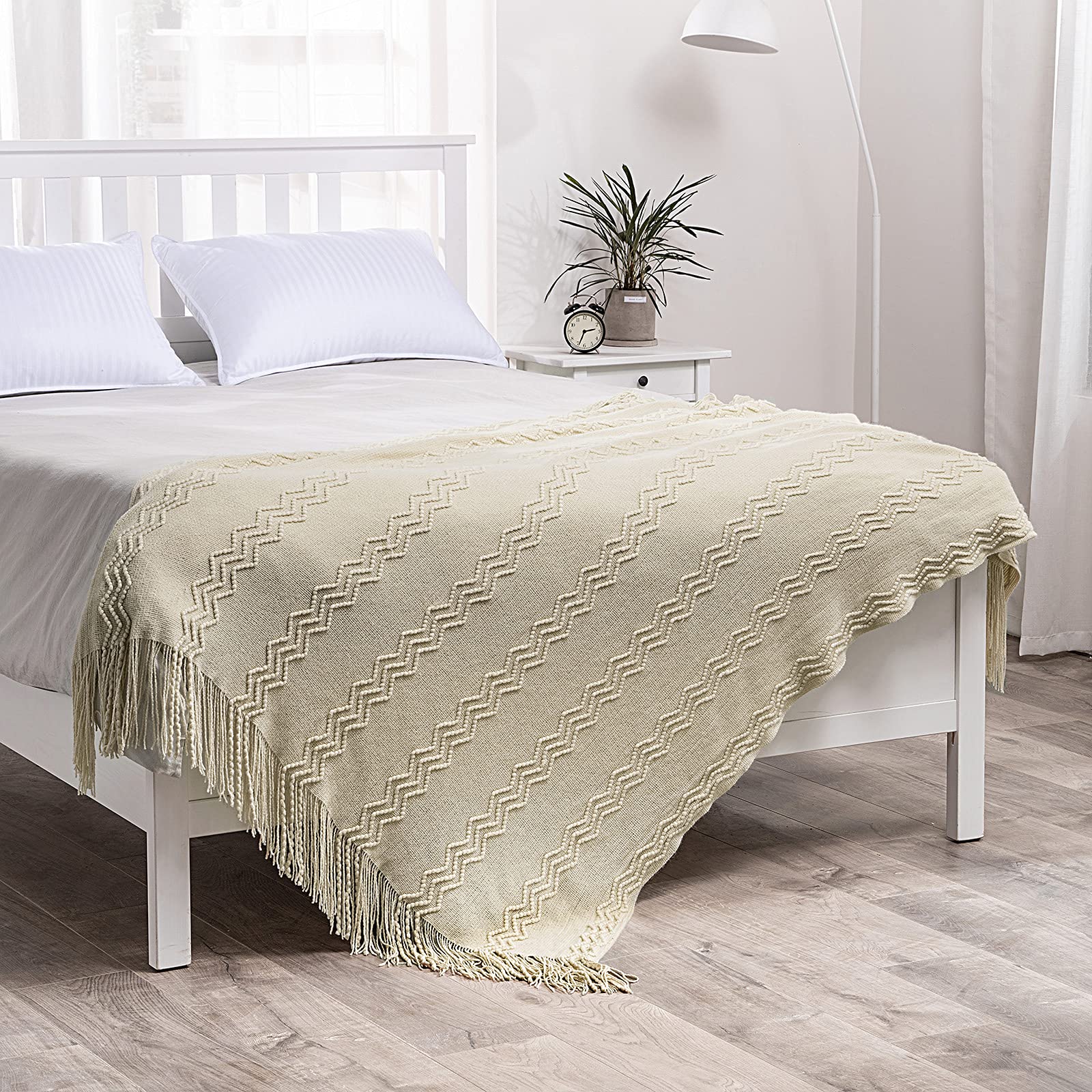 Miulee Knitted Beige Throw Blanket Soft Sofa Knit Blanket For Couch 50 X 60 Inches, Solid Cozy Lightweight Wave Pattern Decorative Blankets With Tassels For Women, Kids And Babys