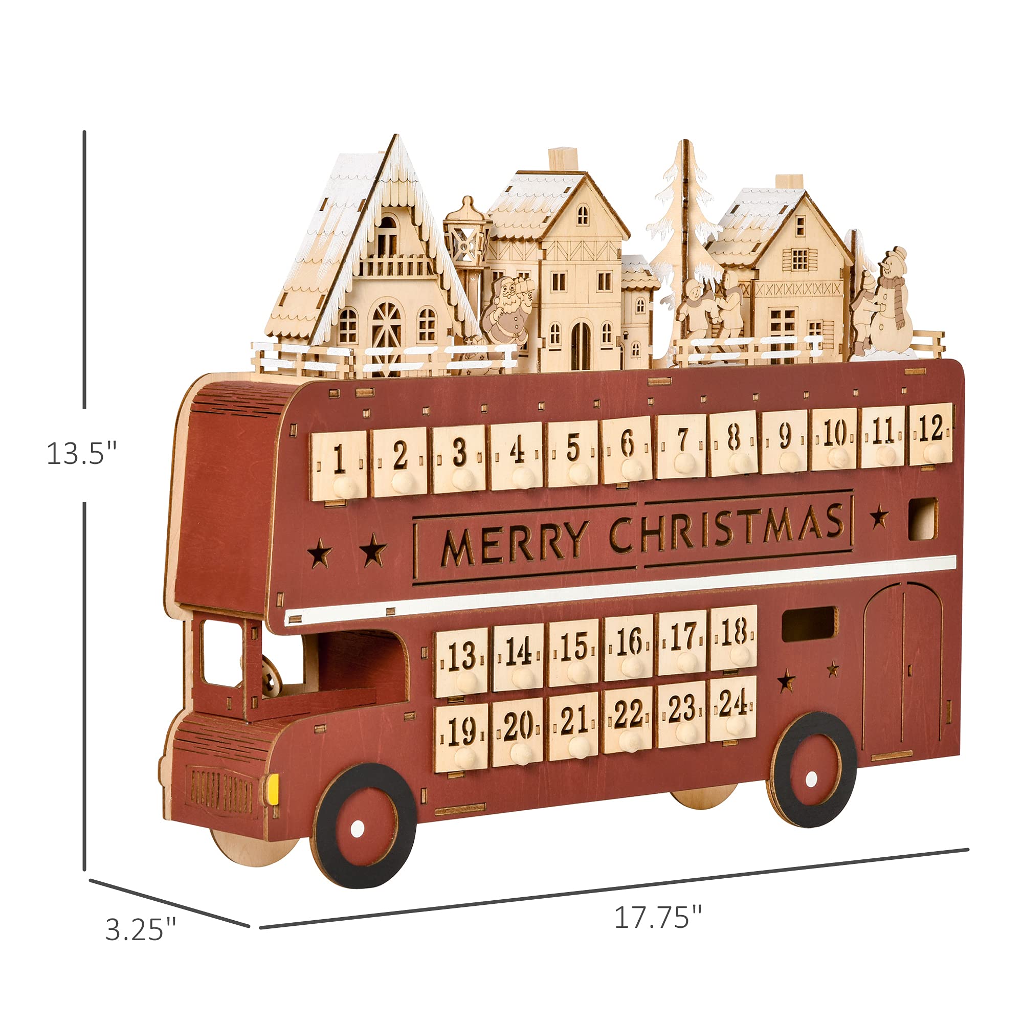 Homcom Christmas Advent Calendar, Light Up Table Xmas Wooden Bus Holiday Decoration With Countdown Drawer, Santa Claus Street Ho