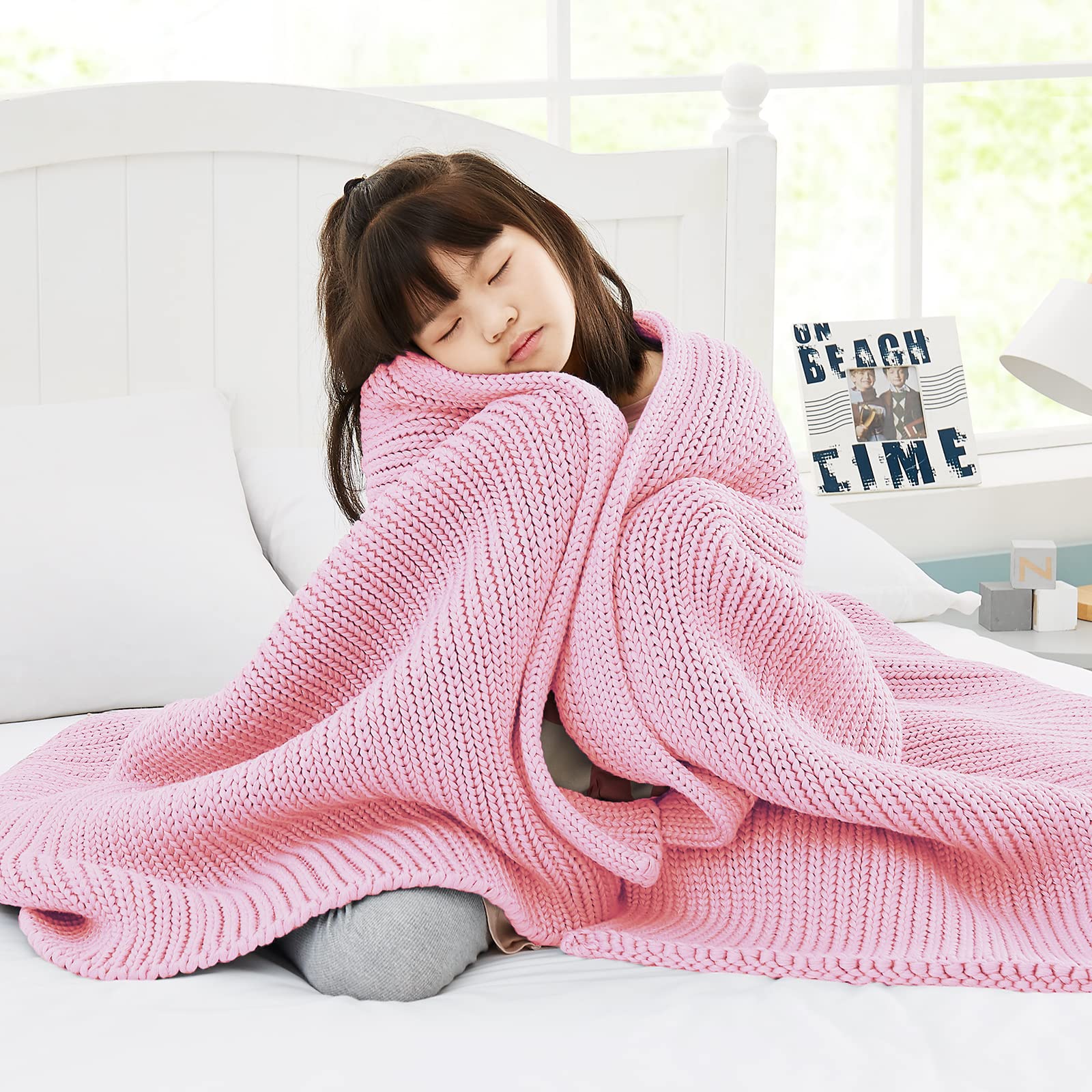 Guohaoi Knitted Weighted Blanket(Pink 50''x60'' 7lbs),Home D  cor Cooling Throw Blanket for Hot Sleepers,Hand Made Chunky Knit H