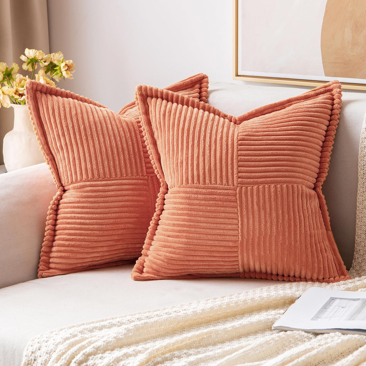 Miulee Coral Red Corduroy Pillow Covers 18X18 Inch With Splicing Set Of 2 Super Soft Boho Striped Pillow Covers Broadside Decora