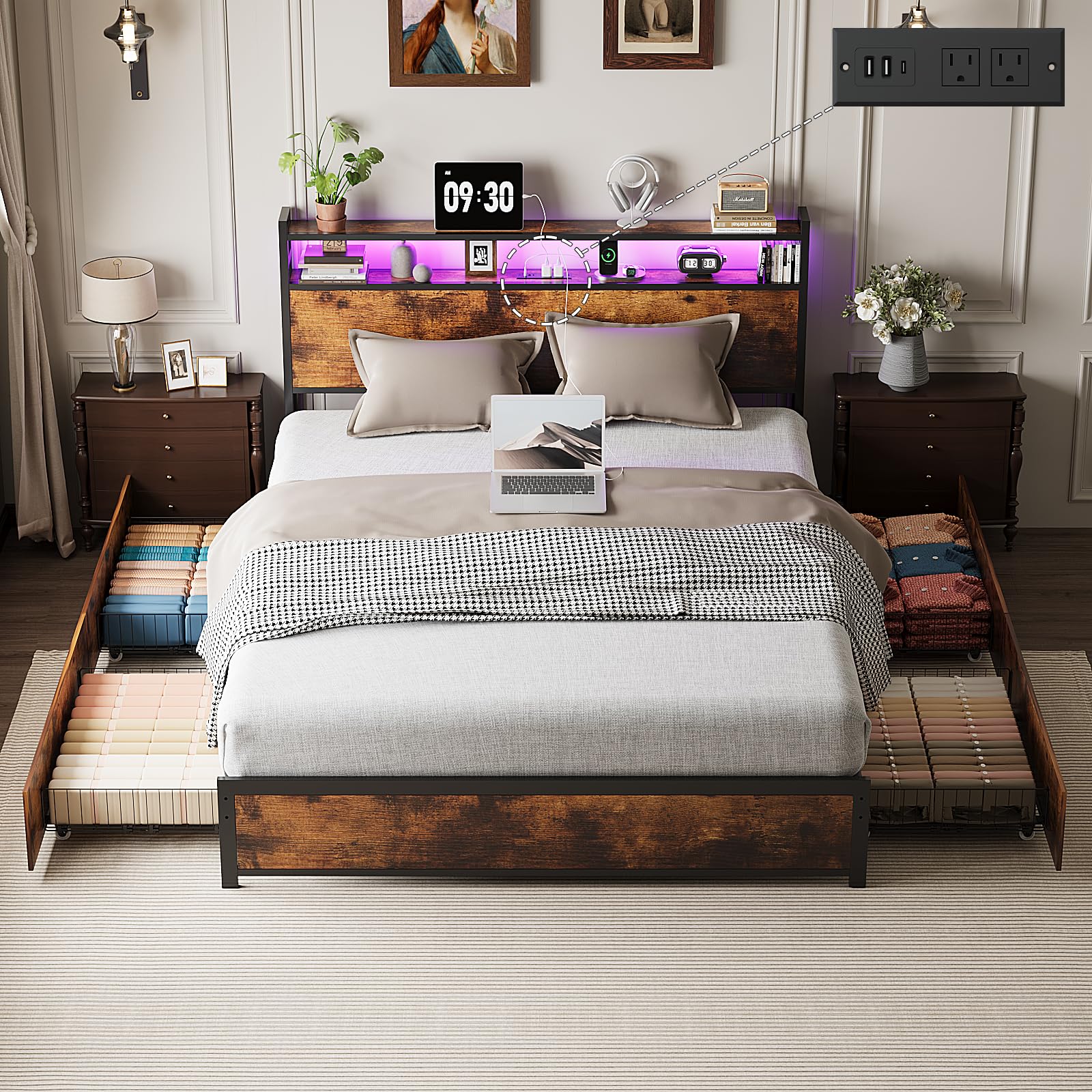 VINGLI Queen Bed Frame with 4 Storage Drawers and Headboard, Metal Platform Panel Bed with Charging Station and RGB LED Lights, 