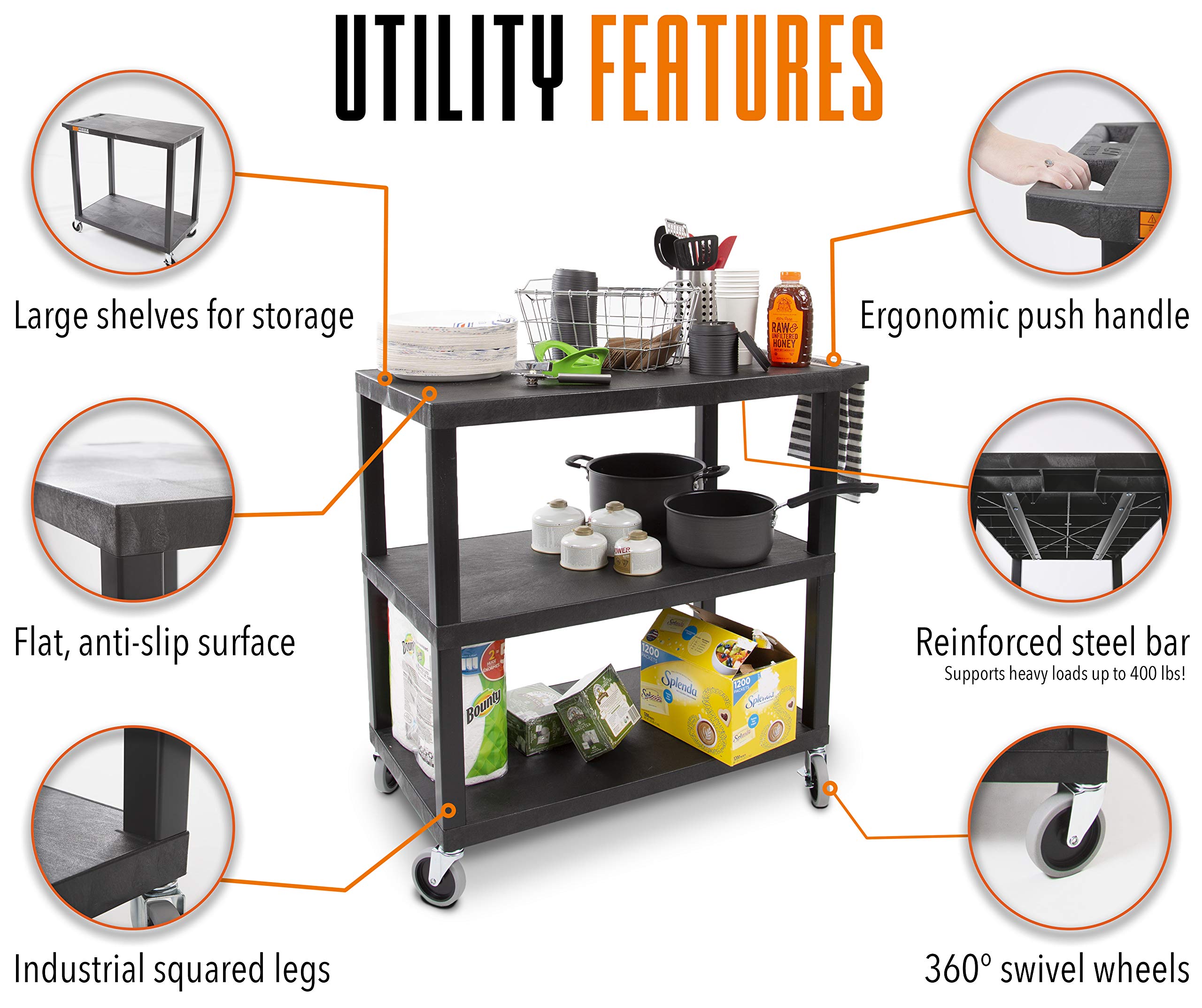 Stand Steady Tubstr 3 Flat Top Shelf Utility Cart Supports Up To 400 Lbs - Heavy-Duty Plastic Service Push Cart With Three Flat Shelves, For Offices, Warehouse Storage, Garage Tools (Black, 35 X 18)