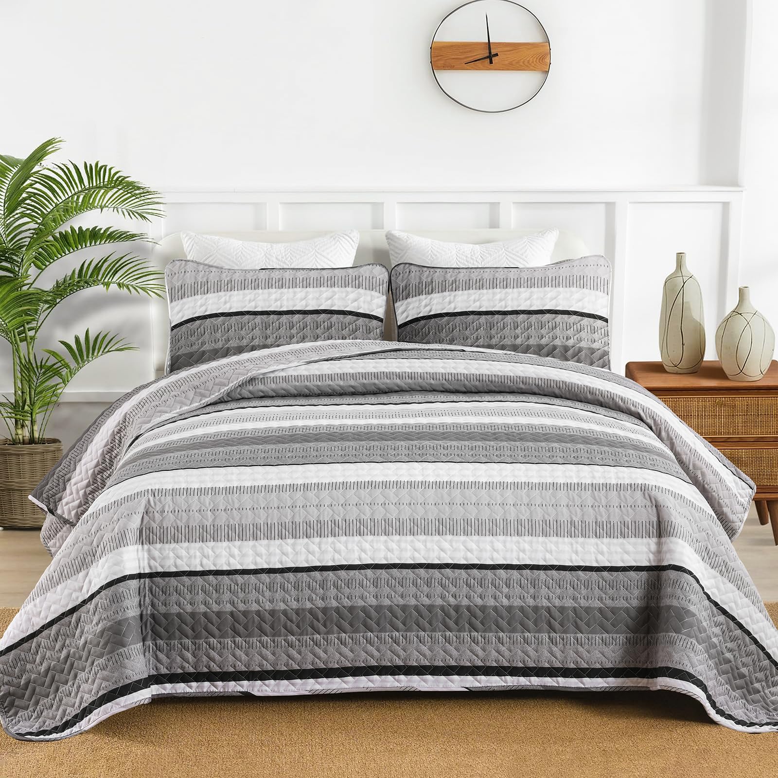 Djy Grey Striped Quilt Set King Size, Gray Stripe Boho Patchwork Bedspread Coverlet Set Soft Microfiber Bohemian Quilt Bedding S