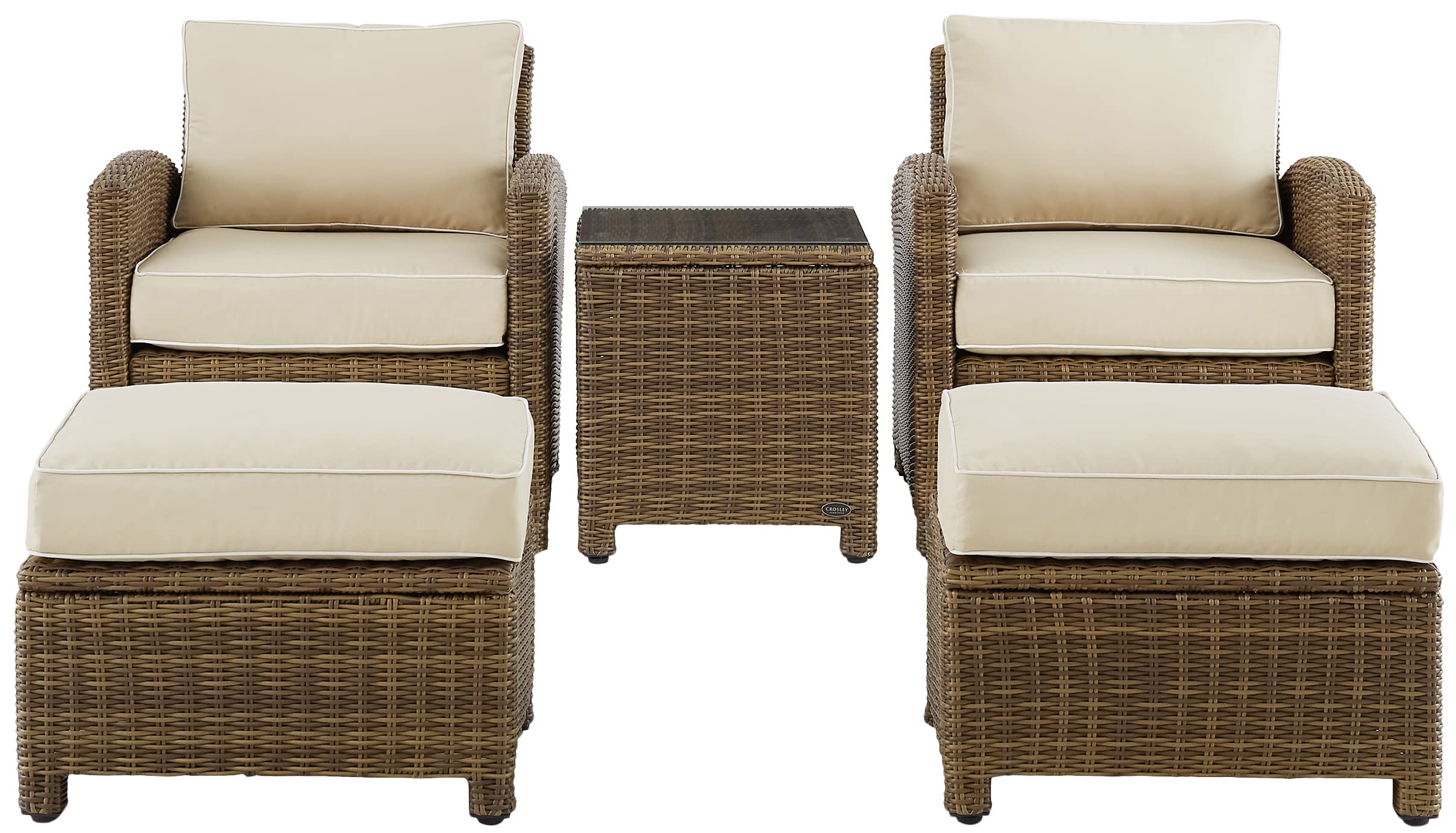 Crosley Furniture Bradenton 5-Piece Outdoor Chair Patio Furniture Set, Wicker Conversation Sets for Porch, Weathered Brown with Sand Cushions
