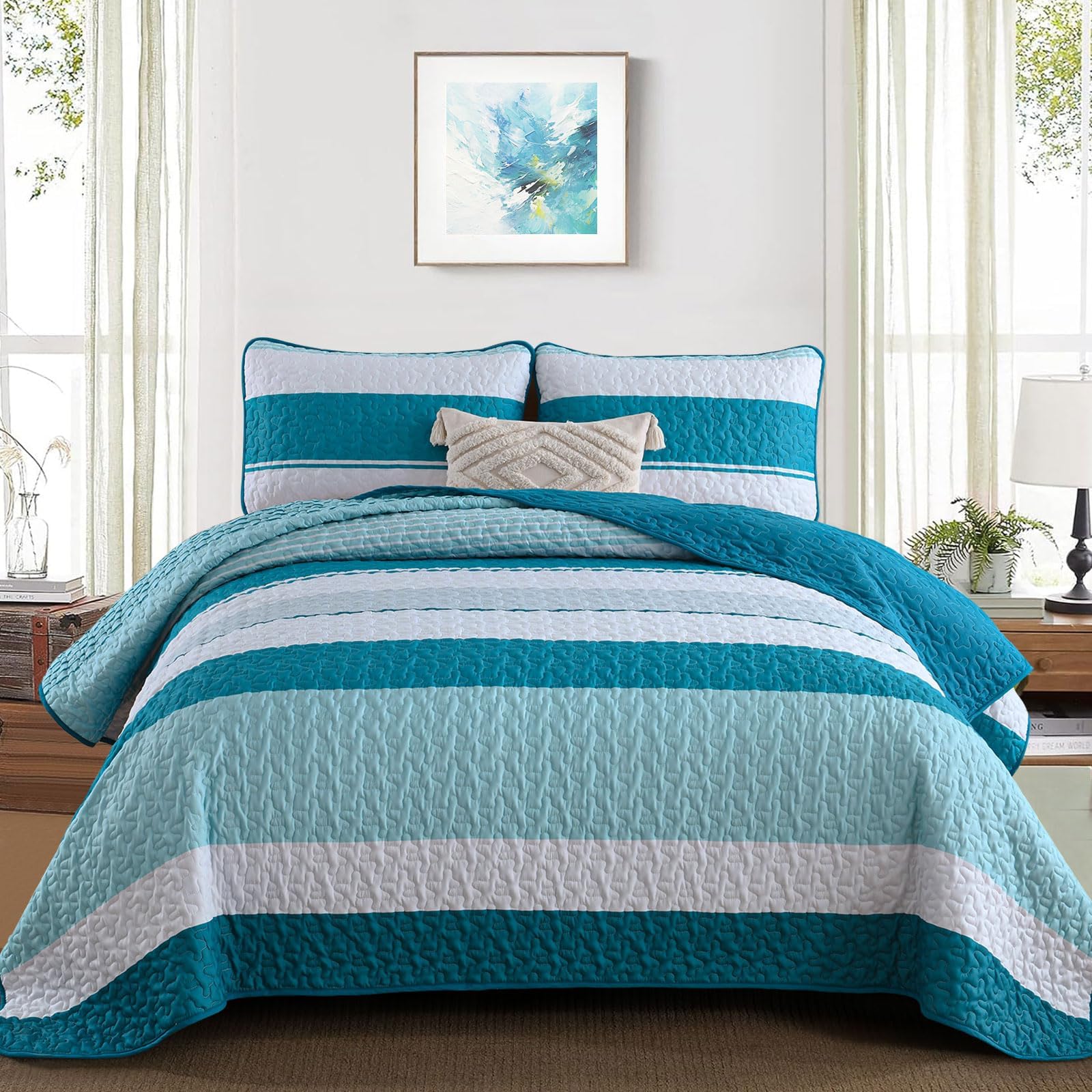 Dinjoy Teal Boho Quilt Set Queen,Blue Striped Bedspread Queen Size Lightweight Farmhouse Quilts 3 Piece Spring Bedding Sets Mico