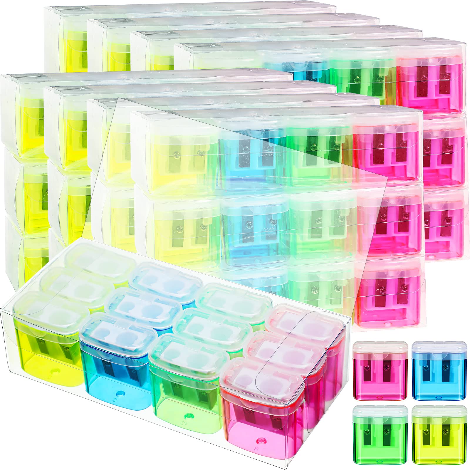 Teling 144 Pcs Pencil Sharpeners Dual Holes Manual Pencil Sharpeners Kids Colorful Handheld Pencil Sharpener With Lid Portable C