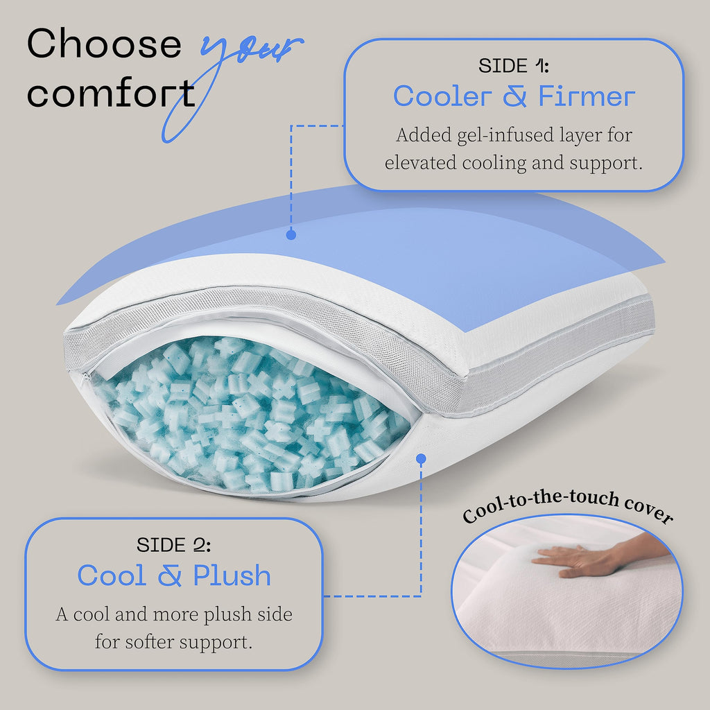 Coop Home Goods Eden Cool+ Adjustable Pillow, Queen Size Plus Shaped Memory Foam Pillows With Cooling Gel, Back, Stomach Or Side
