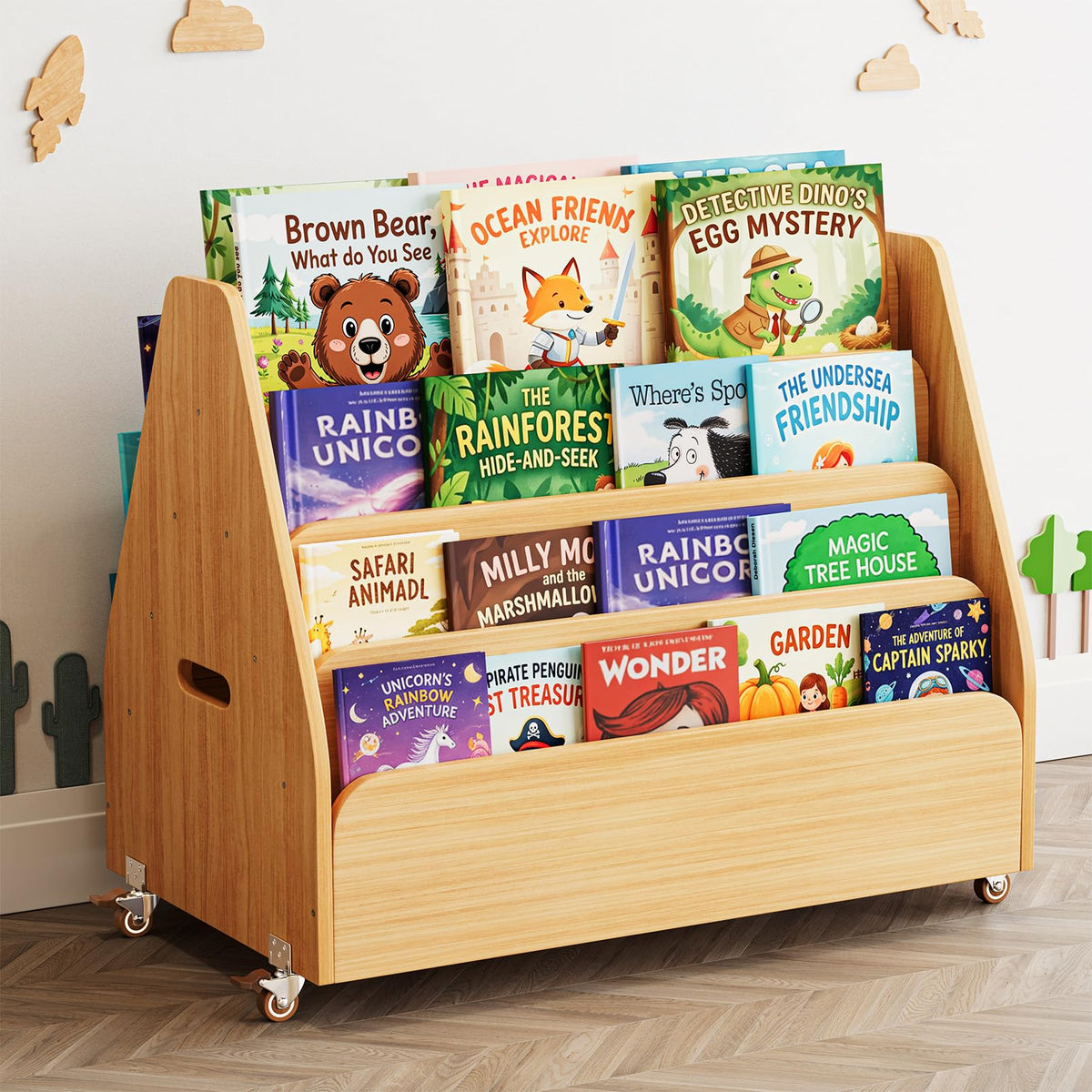 SpaceAid DoubleSided Mobile Bookshelf, Montessori Bookcase for Toddlers, Wooden Book Storage Organizer Shelf Furniture for Kids