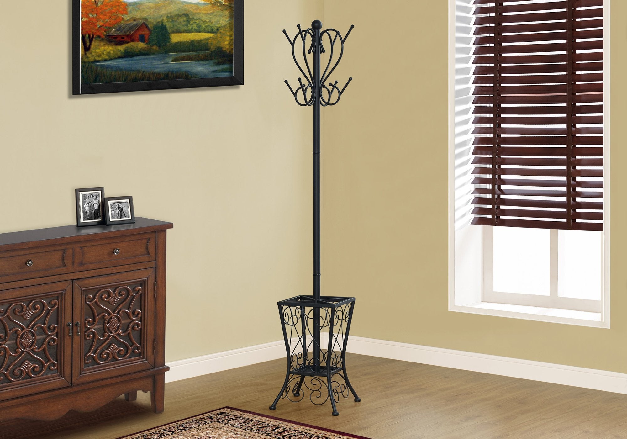 Monarch Specialties 2060, Hall Tree, Free Standing, 8 Hooks, Entryway, 71' H, Umbrella Holder, Bedroom, Metal, Black, Transitional Coat Rack