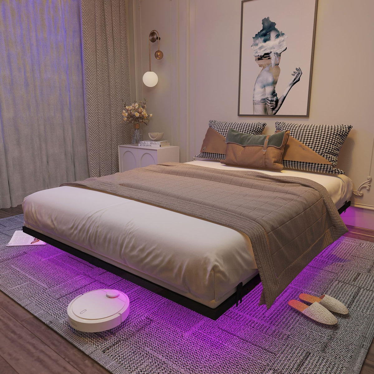 Muluflower Floating Bed Frame Queen Size With Charging Station And Led Lights, Metal Platform Bed Frame, No Box Spring Needed, Easy Assembly, (Queen)