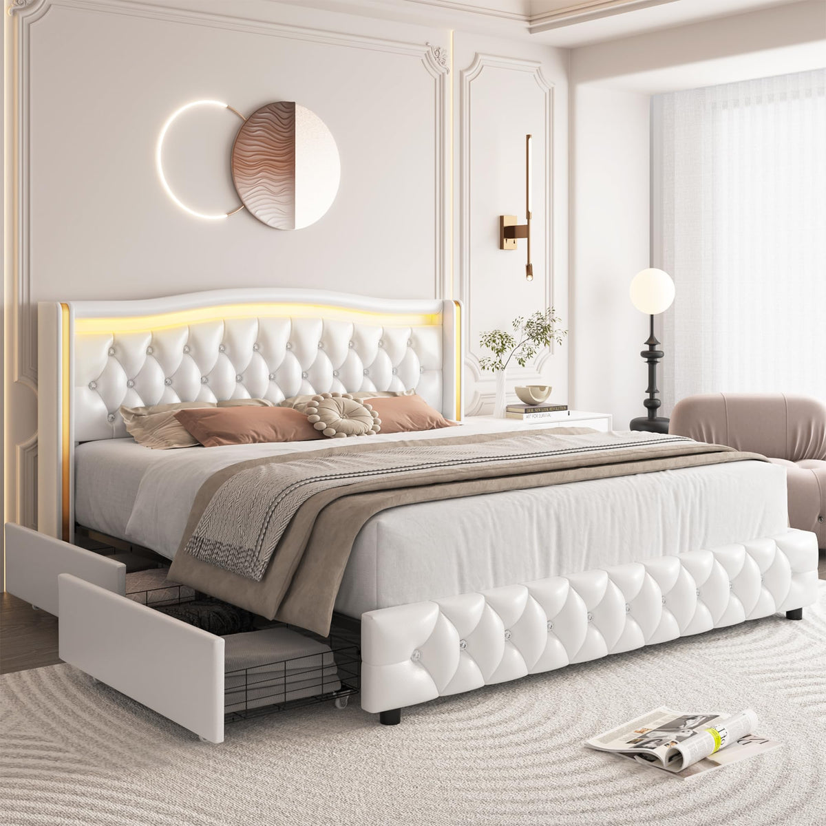 HIFIT Queen Smart LED Platform Bed Frame with 4 Storage Drawers, Crystal Button-Tufted & Stainless Gold Trim Wingback Headboard/