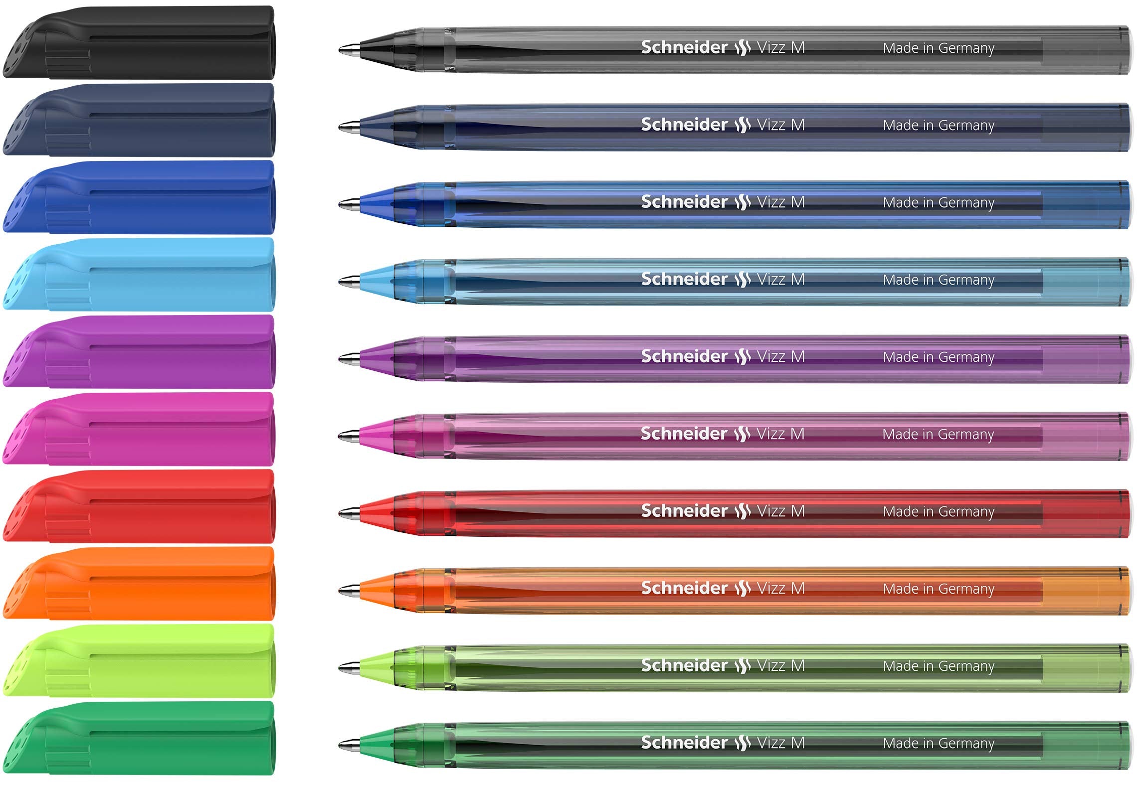 Schneider Vizz M (Medium) Ballpoint Pen, 1.0 Mm, Transparent Barrel, Assorted Ink Colors, Pack Of 10 Pens (102290)