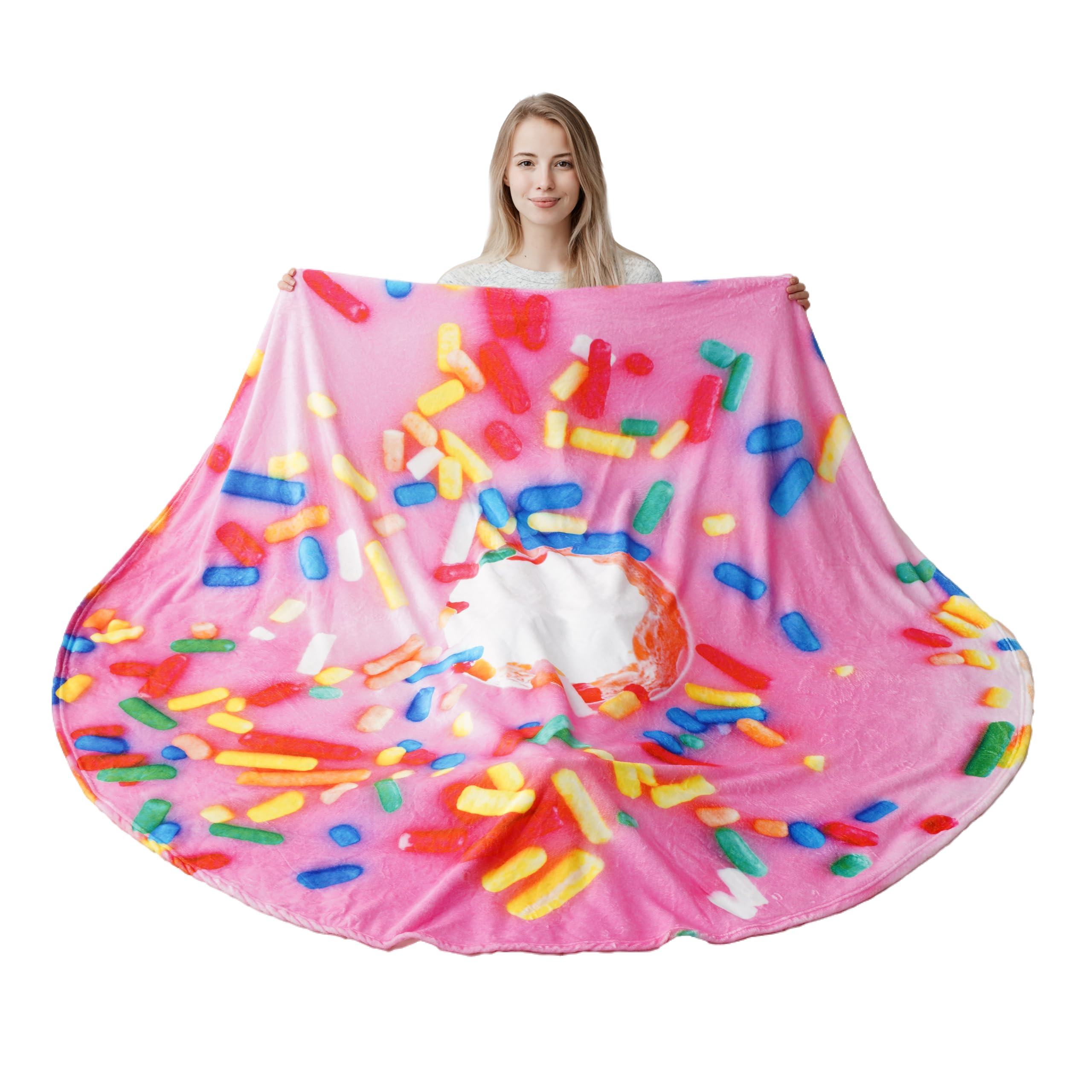 Battilo Home 71 Inch Pink Donut Blanket For Adult And Kids, Soft And Comfortable Flannel Round Blanket For Bedding,Funny Blanket