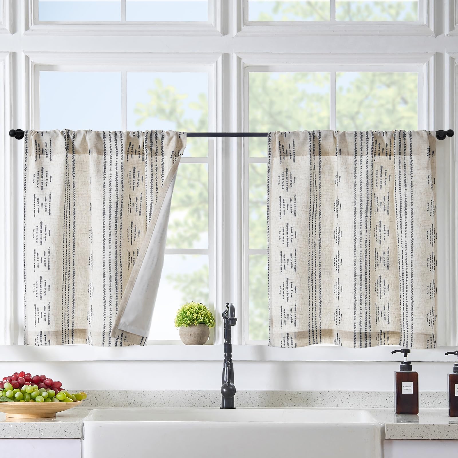 jinchan Boho Kitchen Curtains Linen Tier Curtains 45 Inch Bohemian Cafe Curtains Geometric Striped Small Window Curtains Light F