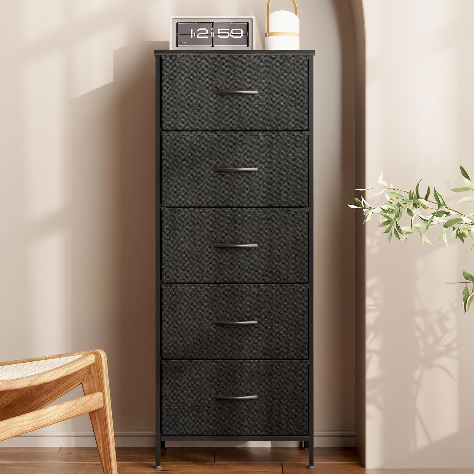 Aodk Dresser For Bedroom With 5 Storage Drawers, 48' Tall Dresser Chest Of Drawers Fabric Dresser With Sturdy Steel Frame, Black