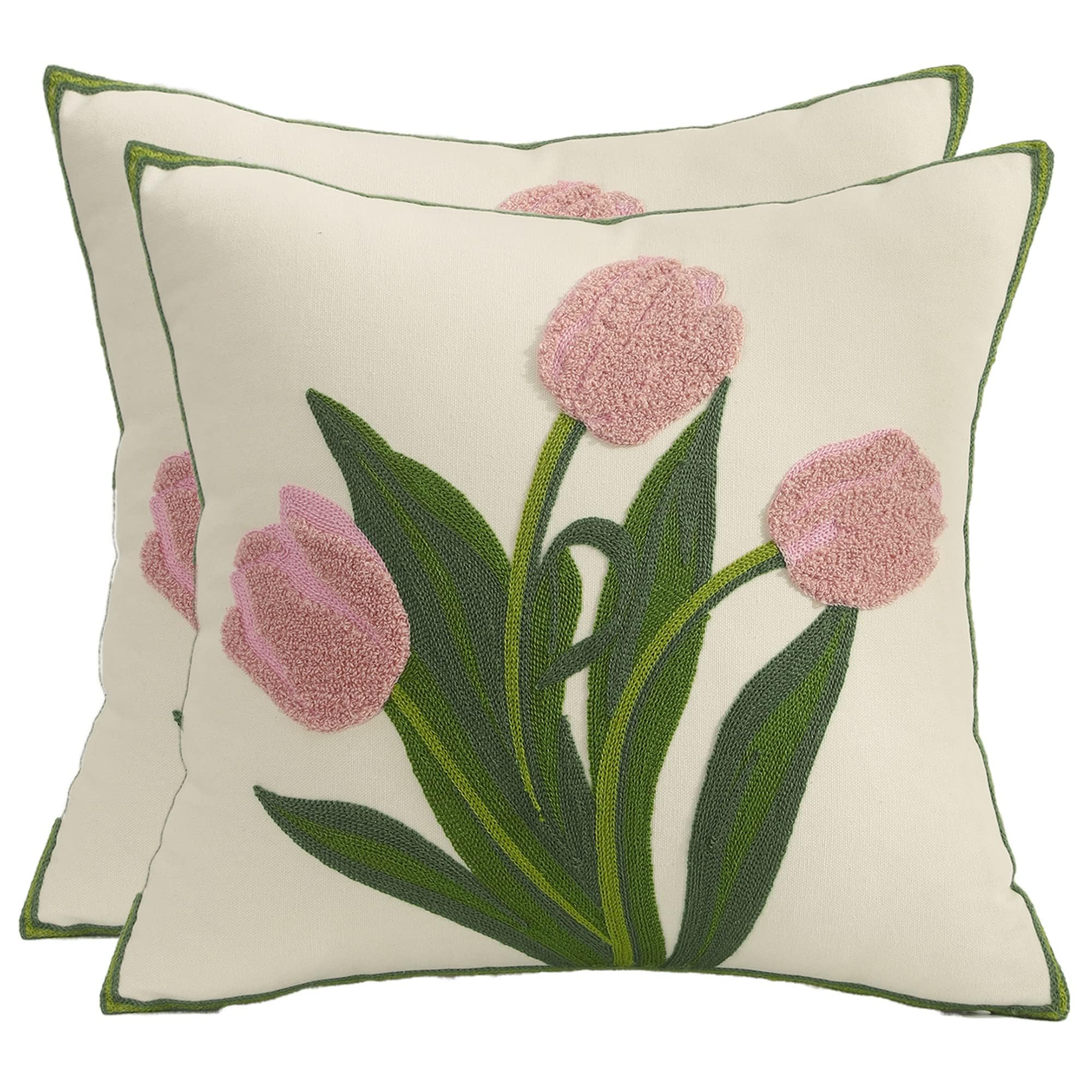 Tosleo Embroidery Throw Pillow Covers 18X18 Inch Pack Of 2 Pink Tulip Flower Pillowcases Spring Pillow Covers For Couch Cotton C