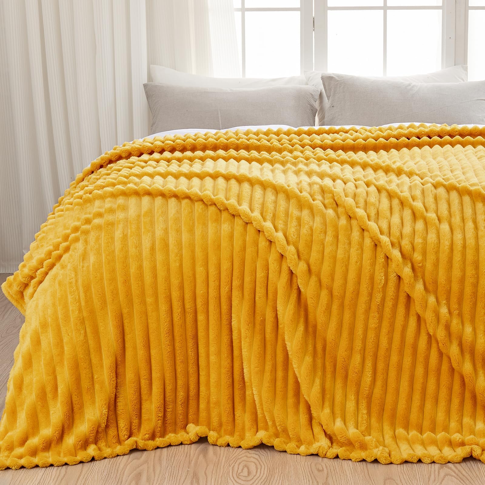 Newcosplay Super Soft King Blanket Mustard Yellow Premium Silky Flannel Fleece 3D Ribbed Jacquard Lightweight Bed Blanket All Se