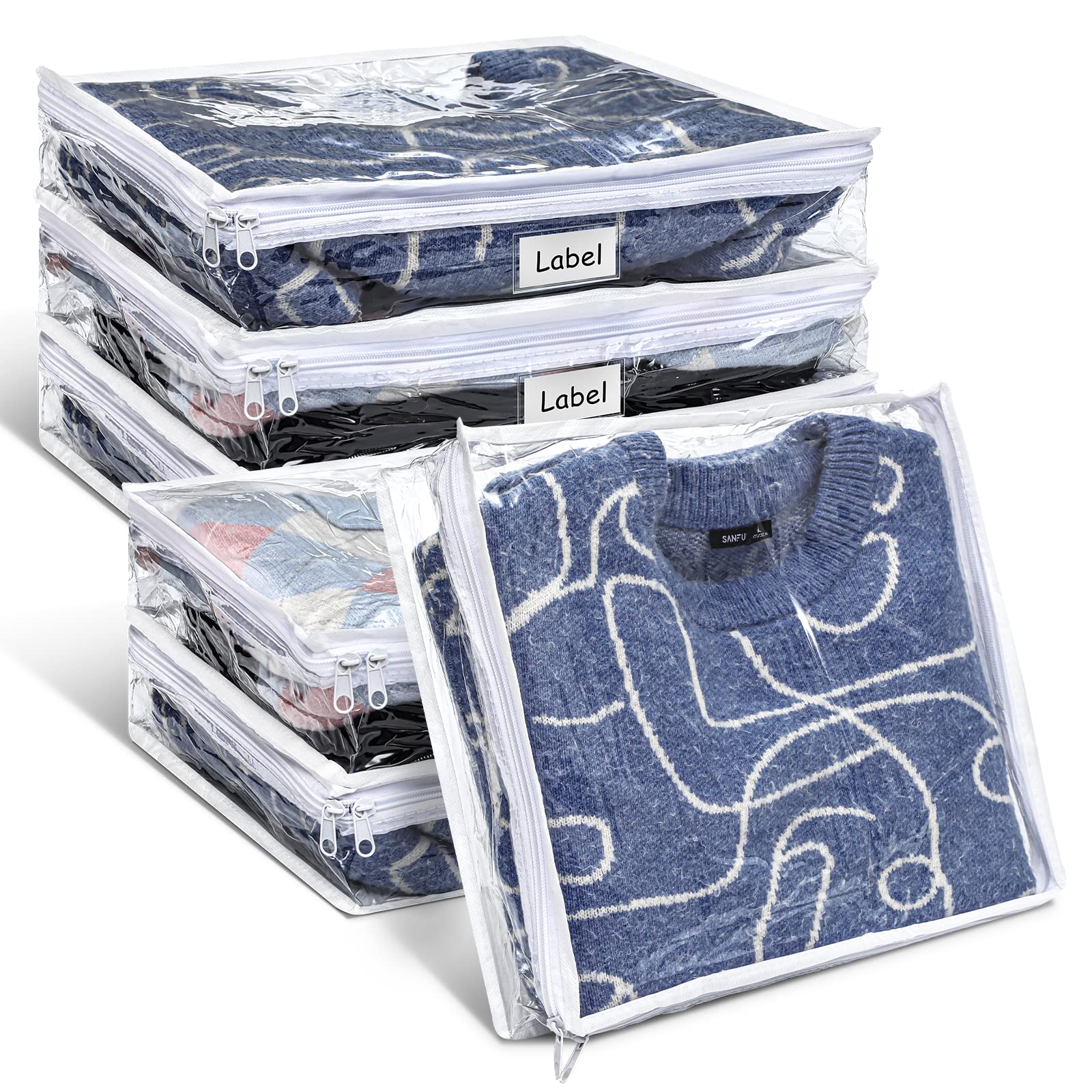 Hoolerry 6 Pieces Sweater Storage Bags Moth Proof Clear PVC Plastic Clothes Storage Bags with Zipper and Label for Blankets Clot