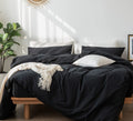 Moomee Bedding Duvet Cover Set 100% Washed Cotton Linen Like Textured Breathable Durable Soft Comfy (Black, Queen)
