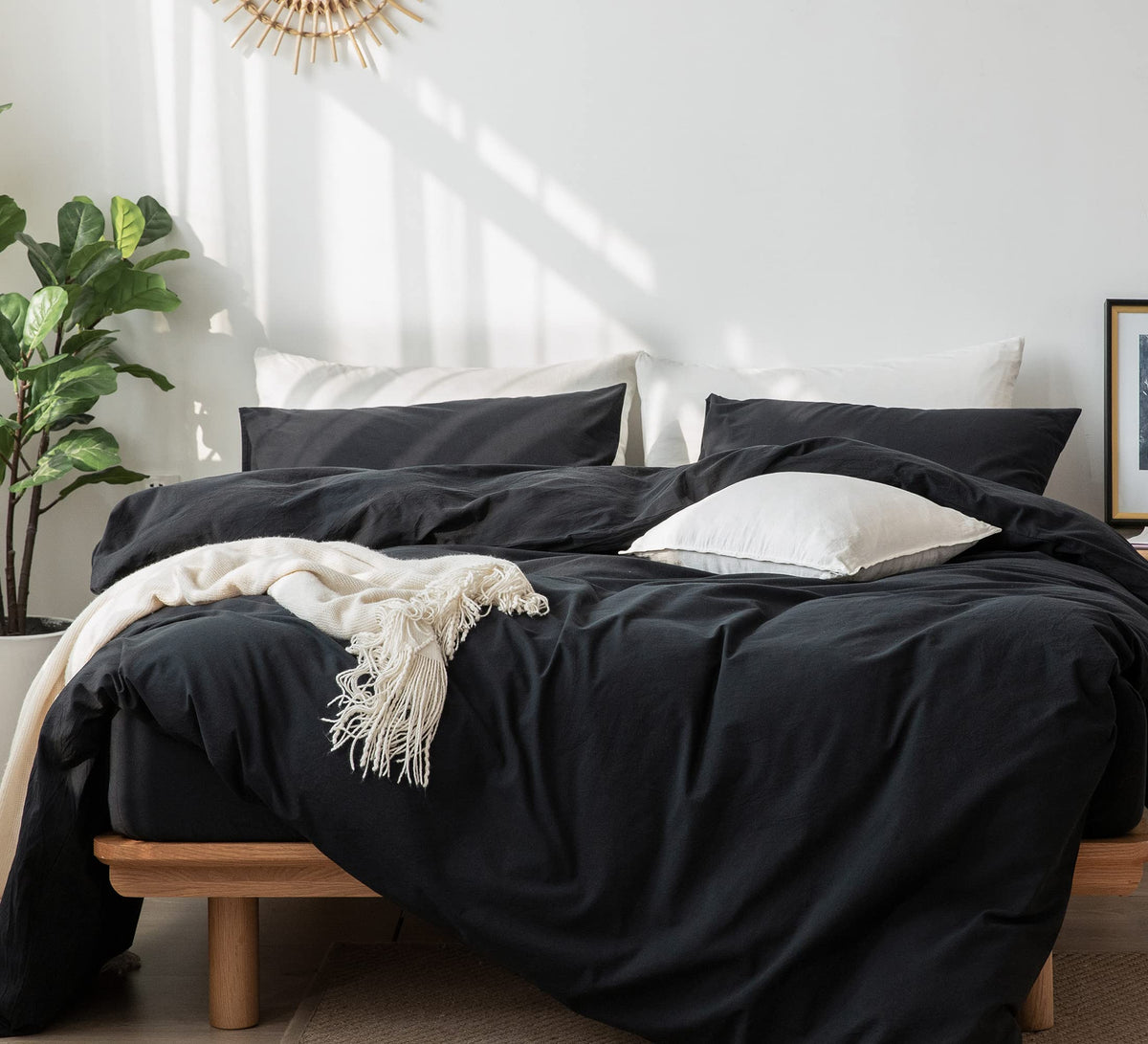 Moomee Bedding Duvet Cover Set 100% Washed Cotton Linen Like Textured Breathable Durable Soft Comfy (Black, Queen)