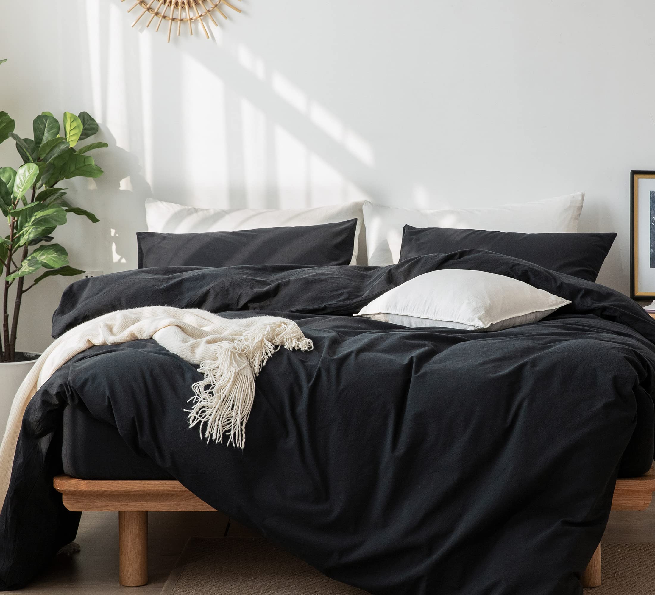 Moomee Bedding Duvet Cover Set 100% Washed Cotton Linen Like Textured Breathable Durable Soft Comfy (Black, Queen)