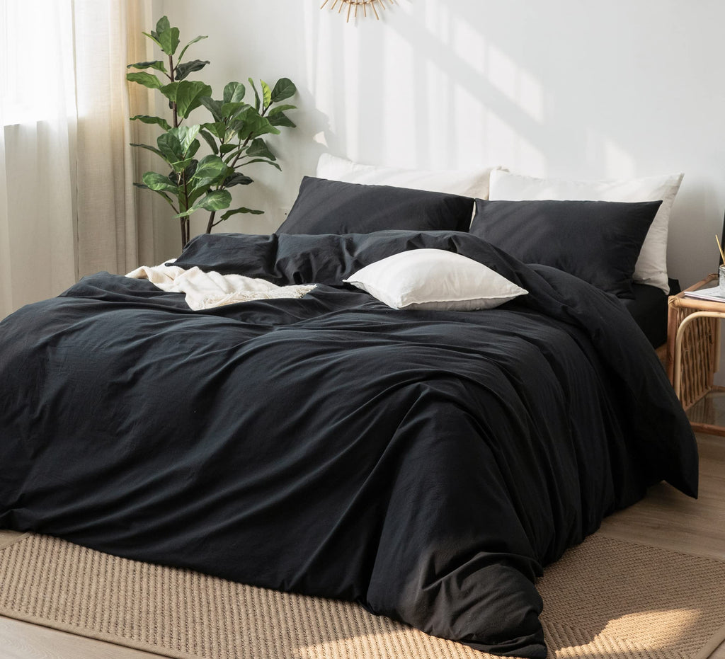 Moomee Bedding Duvet Cover Set 100% Washed Cotton Linen Like Textured Breathable Durable Soft Comfy (Black, Full)