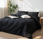 Moomee Bedding Duvet Cover Set 100% Washed Cotton Linen Like Textured Breathable Durable Soft Comfy (Black, Full)