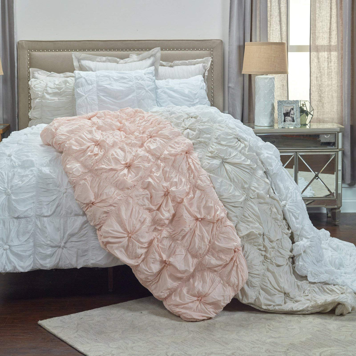 Rizzy Home | BT1391 | Polyester Comforter | 90&quot;x92&quot; Brown/Neutral/Gray Solid Color With Rouching And Hand Turned Knots