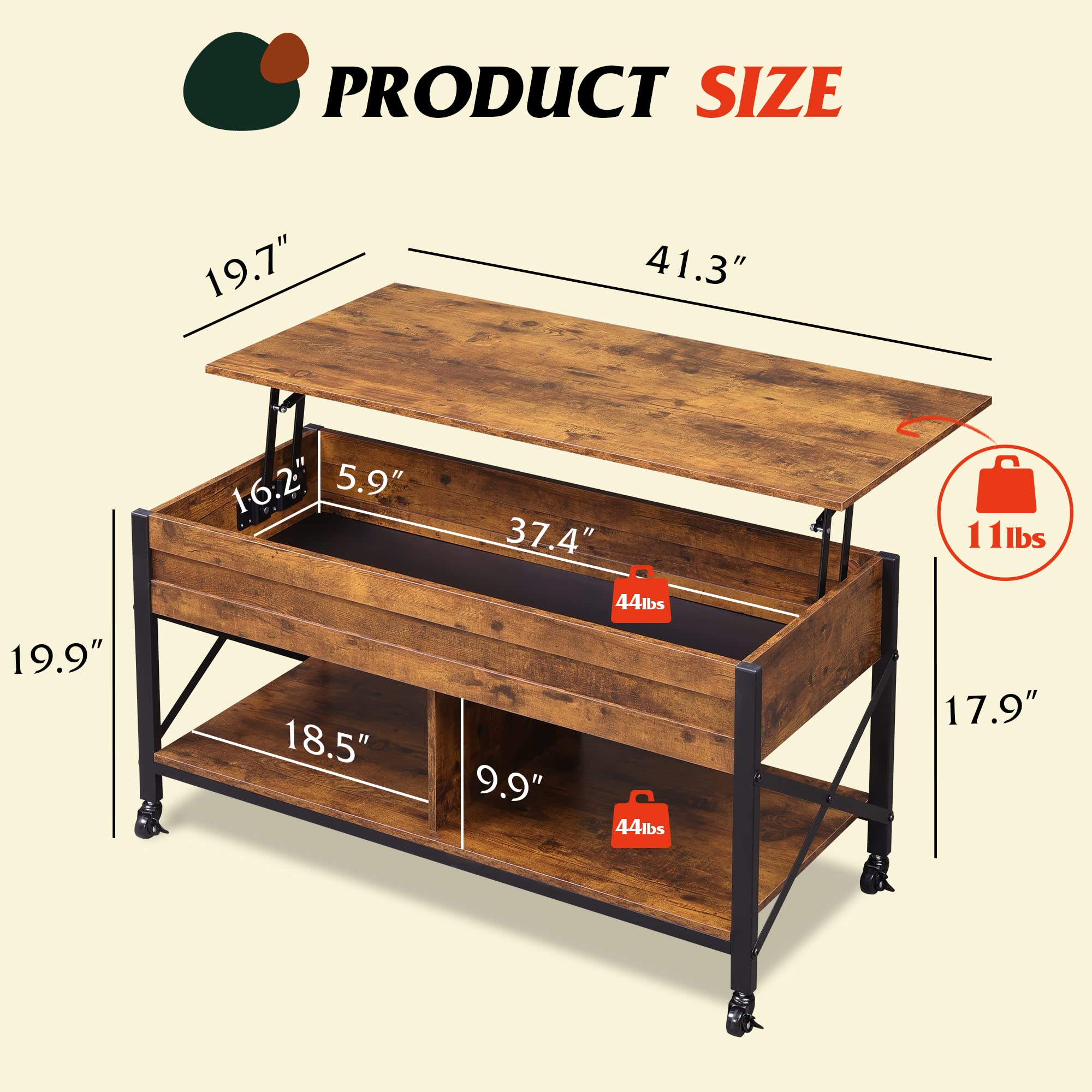 Wlive Coffee Table, 41.3' Lift Top Coffee Table With 4 Wheels, Hidden Compartment, Storage Shelf And Lift Tabletop For Living Room, Reception Room, Rustic Brown