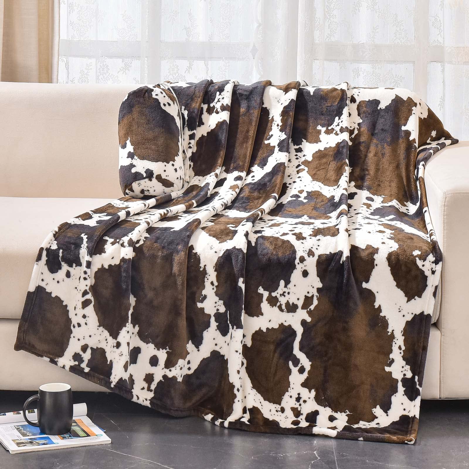 Bnuitland Brown Cow Print Flannel Blanket (50X70 Inches) With Cow Storage Pouch,300 Gsm Double Sided Super Soft Cozy Fleece Outd