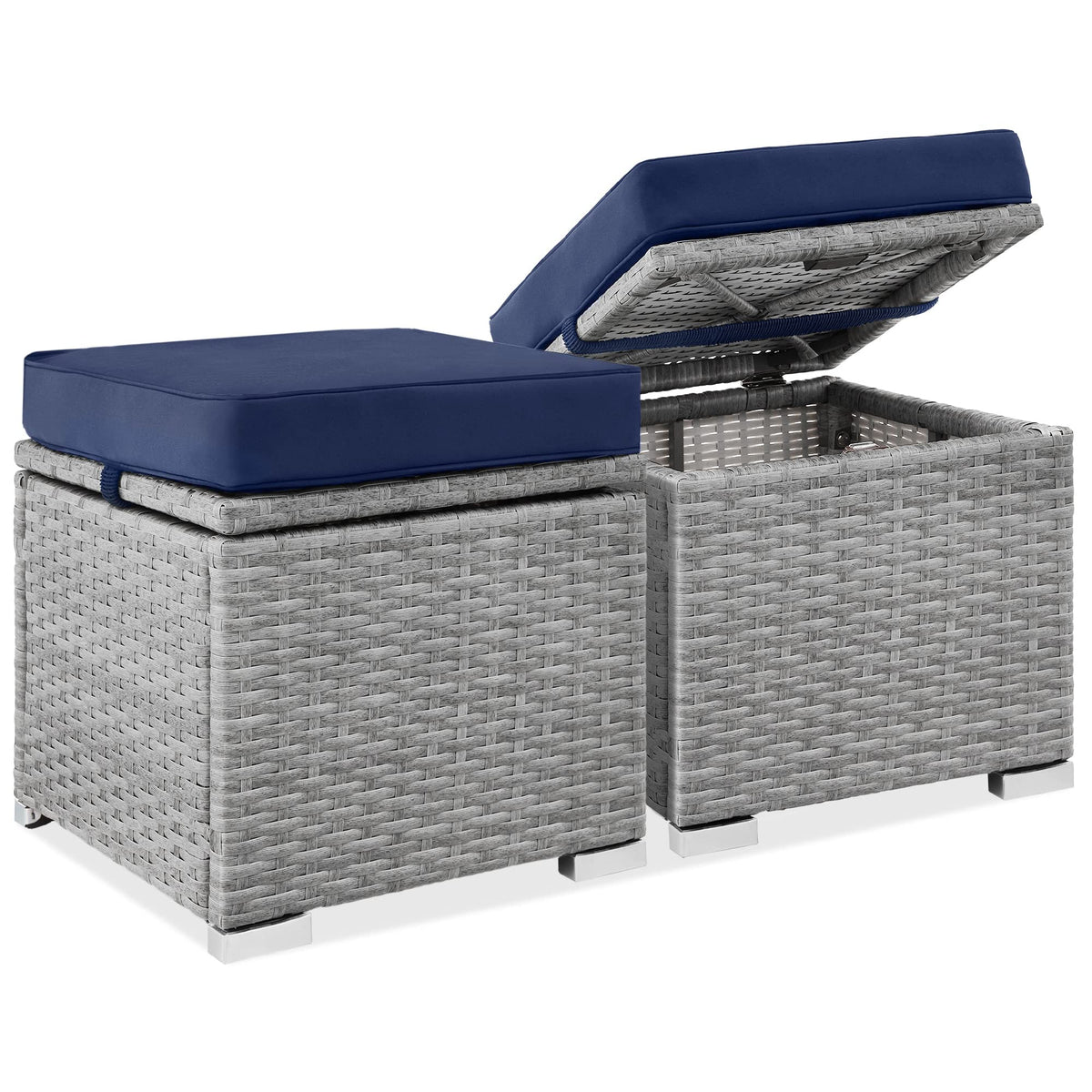 Best Choice Products Set Of 2 Wicker Ottomans, Multipurpose Outdoor Furniture For Patio, Backyard, Additional Seating, Footrest, Side Table W/Storage, Removable Cushions - Gray/Navy